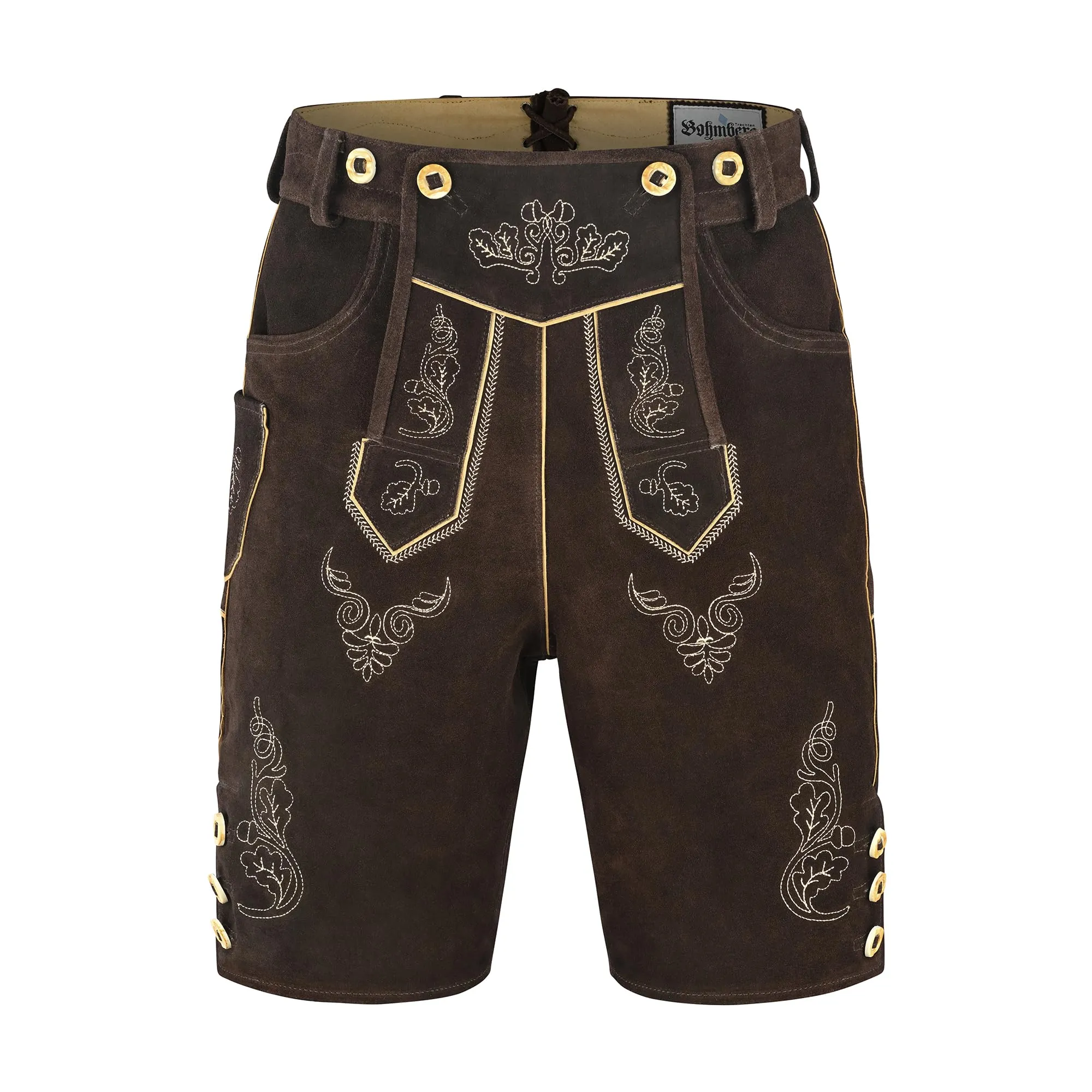 Bohmberg Pantaloni di Pelle Bavaresi Corti Uomo con Bretelle e Laccio, Marrone, Taglia 46 - immagine 5