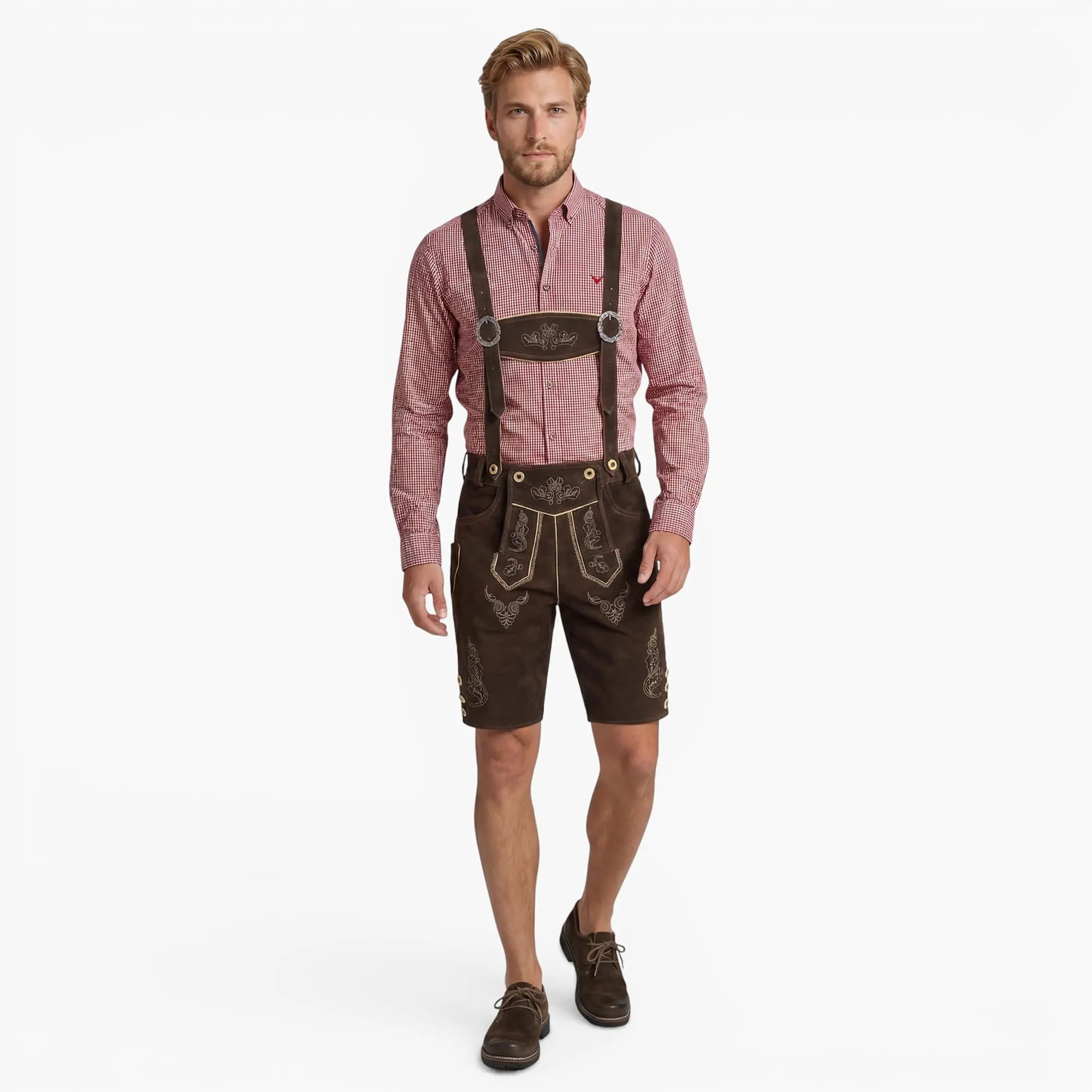 Bohmberg Pantaloni di Pelle Bavaresi Corti Uomo con Bretelle e Laccio, Marrone, Taglia 56 - immagine 2