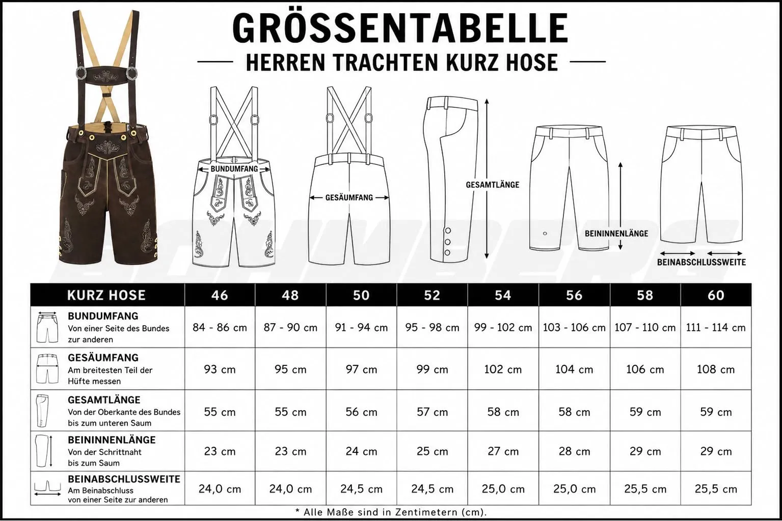 Bohmberg Pantaloni di Pelle Bavaresi Corti Uomo con Bretelle e Laccio, Marrone, Taglia 56 - immagine 9