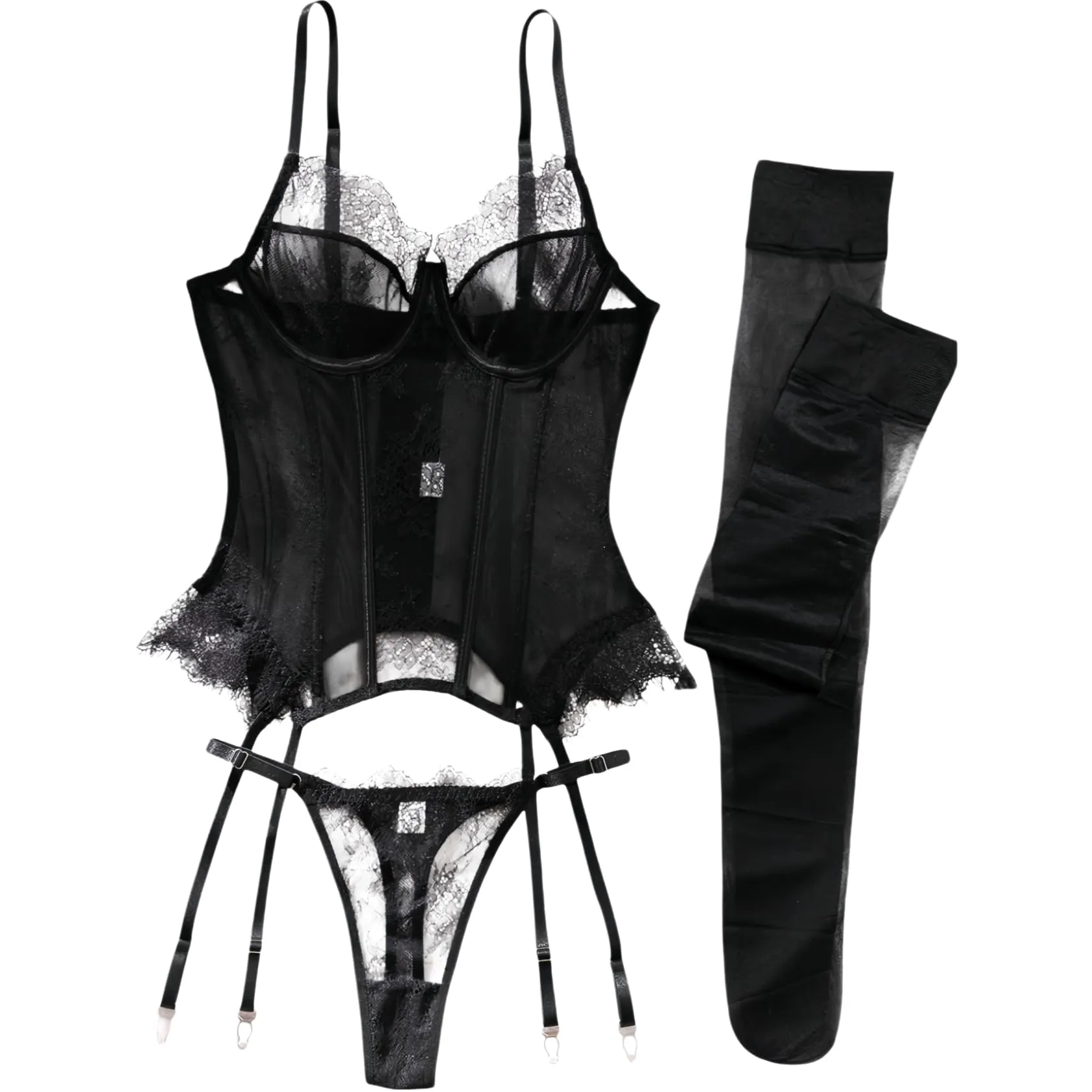YISENJEE Corsetto in Pizzo e Rete con Calze, Nero, M - immagine 1