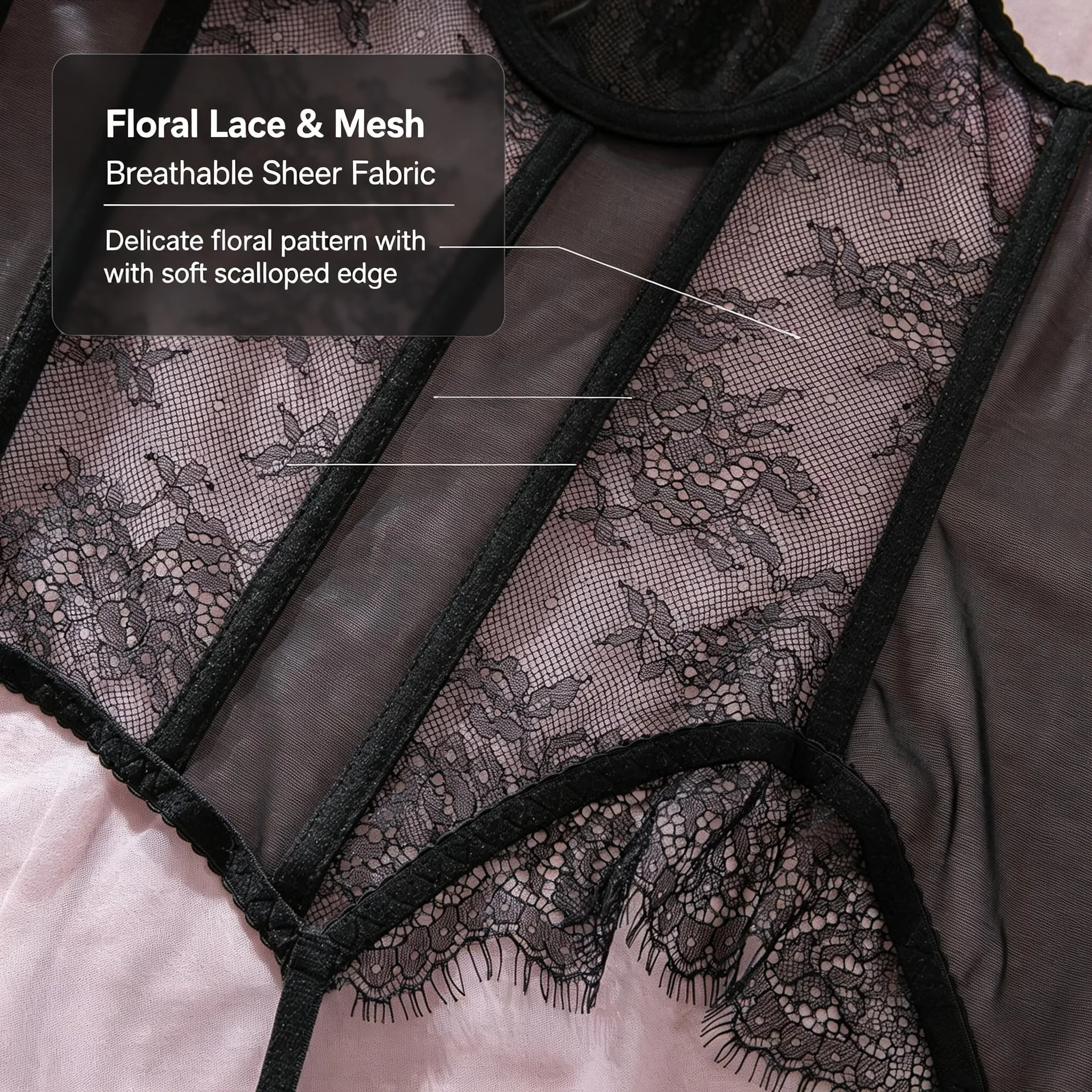 YISENJEE Intimo Donna Corsetto a Spina di Pesce in Pizzo con Reggicalze e Calze, Nero, XL - immagine 5