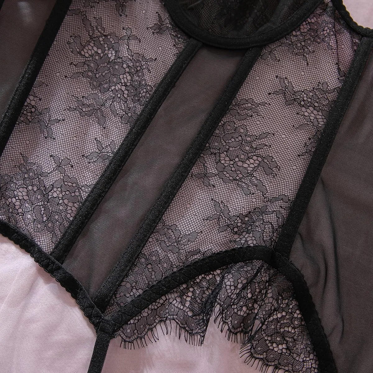 YISENJEE Corsetto in Pizzo con Stecche a Spina di Pesce, Reggicalze e Calze, Bordeaux, XL - immagine 4