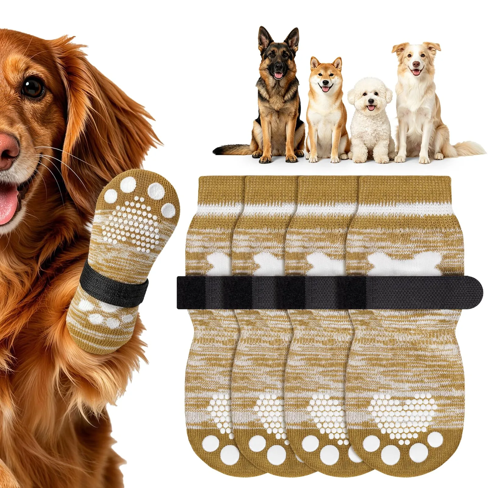 OSDUE Calzini Antiscivolo per Cani, Protezioni Zampa Regolabili, 4 Pezzi, Taglia M, Giallo - immagine 1