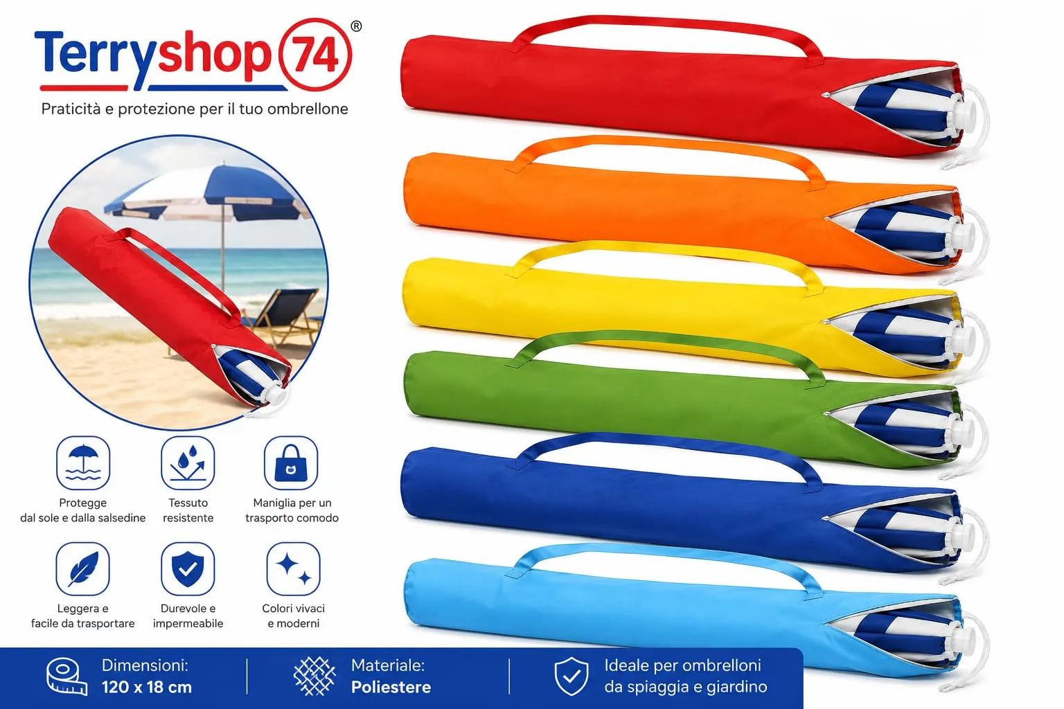 Terryshop74 Sacca Porta Ombrellone da Spiaggia 120x18 cm in Poliestere con Tracolla, Rosso - immagine 5