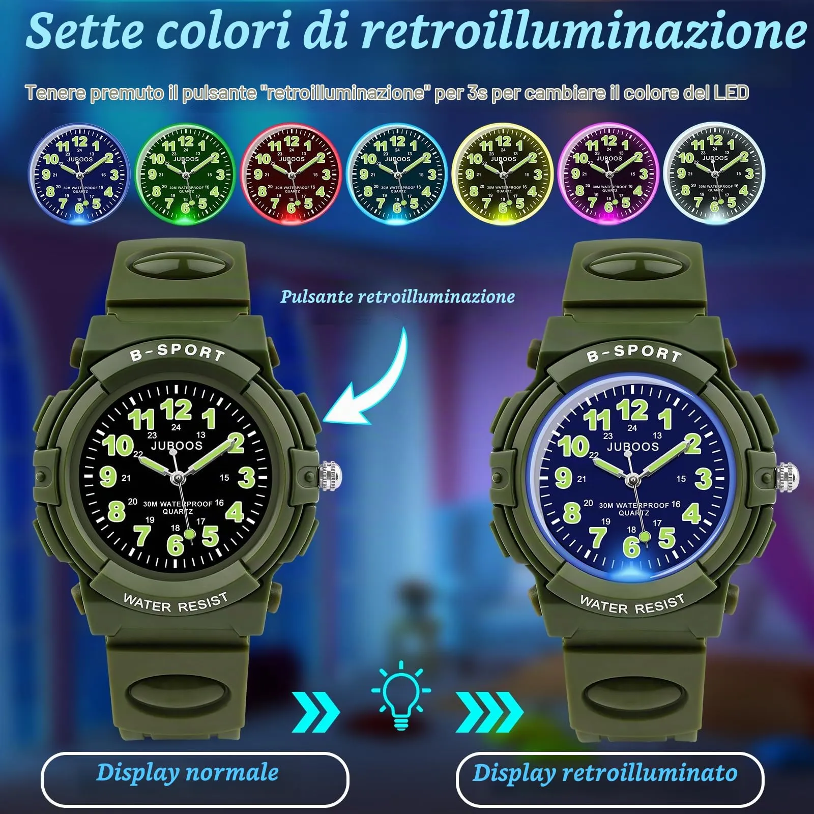 Juboos Orologio Analogico per Bambini con 7 Luci Notturne, Impermeabile, Cinturino Morbido, Quarzo, 5-18 Anni (Esercito verde) - immagine 2