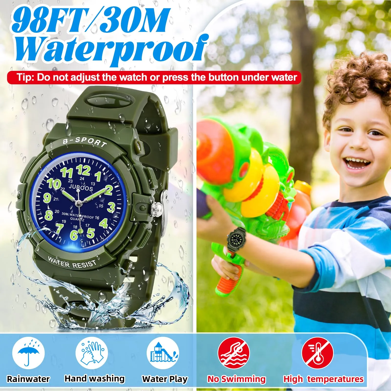 Juboos Orologio Analogico per Bambini con 7 Luci Notturne, Impermeabile, Cinturino Morbido, Quarzo, 5-18 Anni (Esercito verde) - immagine 3