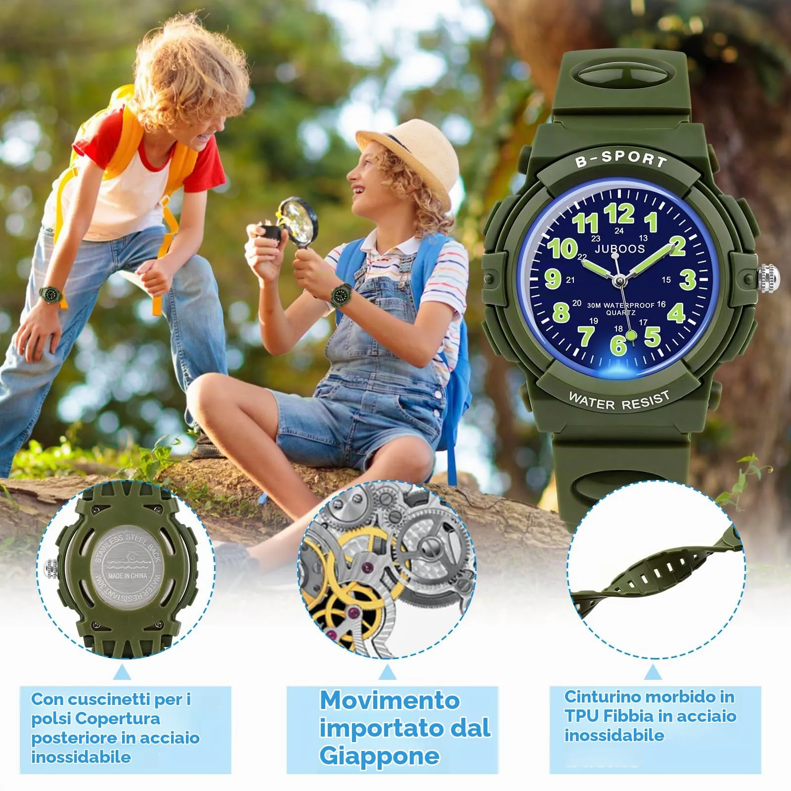 Juboos Orologio Analogico per Bambini con 7 Luci Notturne, Impermeabile, Cinturino Morbido, Quarzo, 5-18 Anni (Esercito verde) - immagine 4
