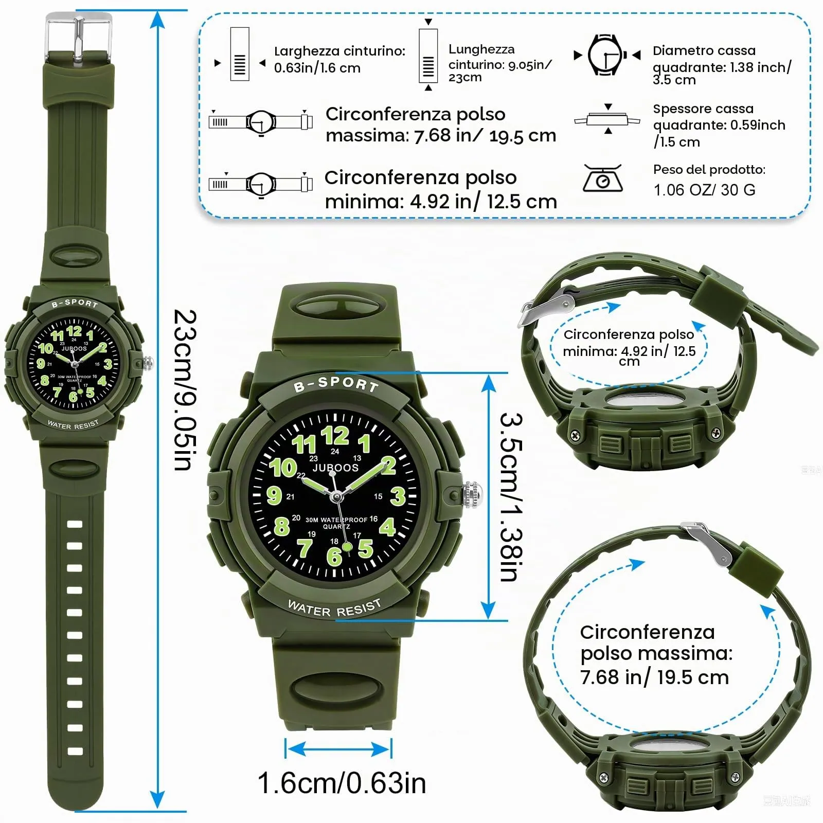 Juboos Orologio Analogico per Bambini con 7 Luci Notturne, Impermeabile, Cinturino Morbido, Quarzo, 5-18 Anni (Esercito verde) - immagine 5