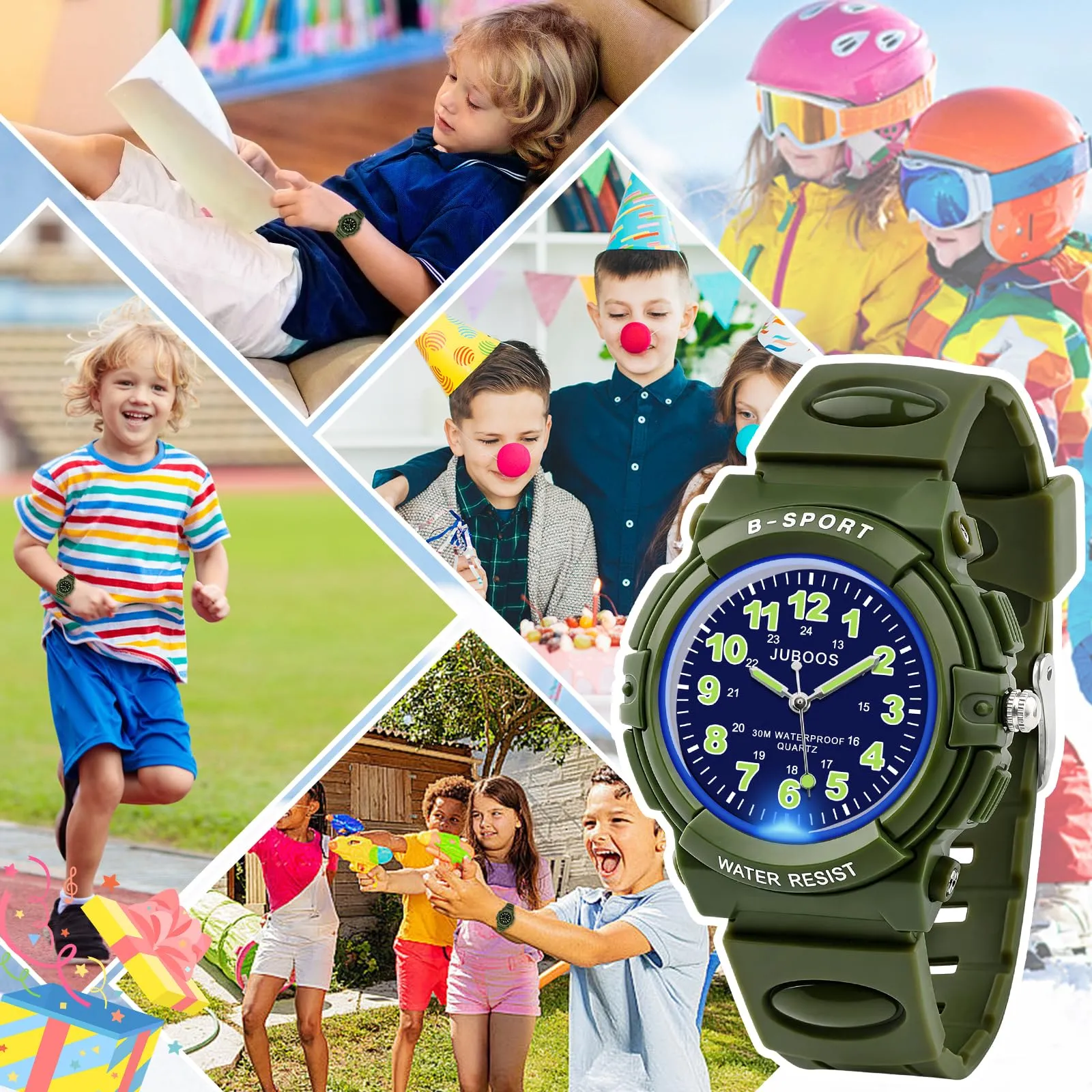 Juboos Orologio Analogico per Bambini con 7 Luci Notturne, Impermeabile, Cinturino Morbido, Quarzo, 5-18 Anni (Esercito verde) - immagine 6