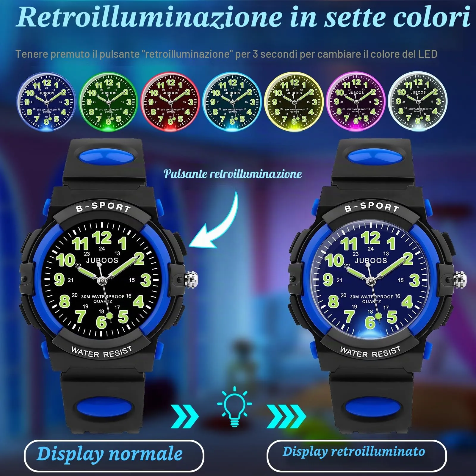 Juboos Orologio Analogico per Bambini con 7 Luci Notturne, Impermeabile, Cinturino Morbido, Quarzo, 5-18 Anni (blu-nero) - immagine 2
