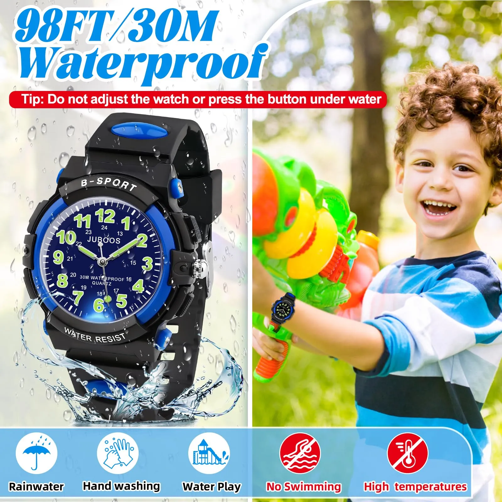 Juboos Orologio Analogico per Bambini con 7 Luci Notturne, Impermeabile, Cinturino Morbido, Quarzo, 5-18 Anni (blu-nero) - immagine 3
