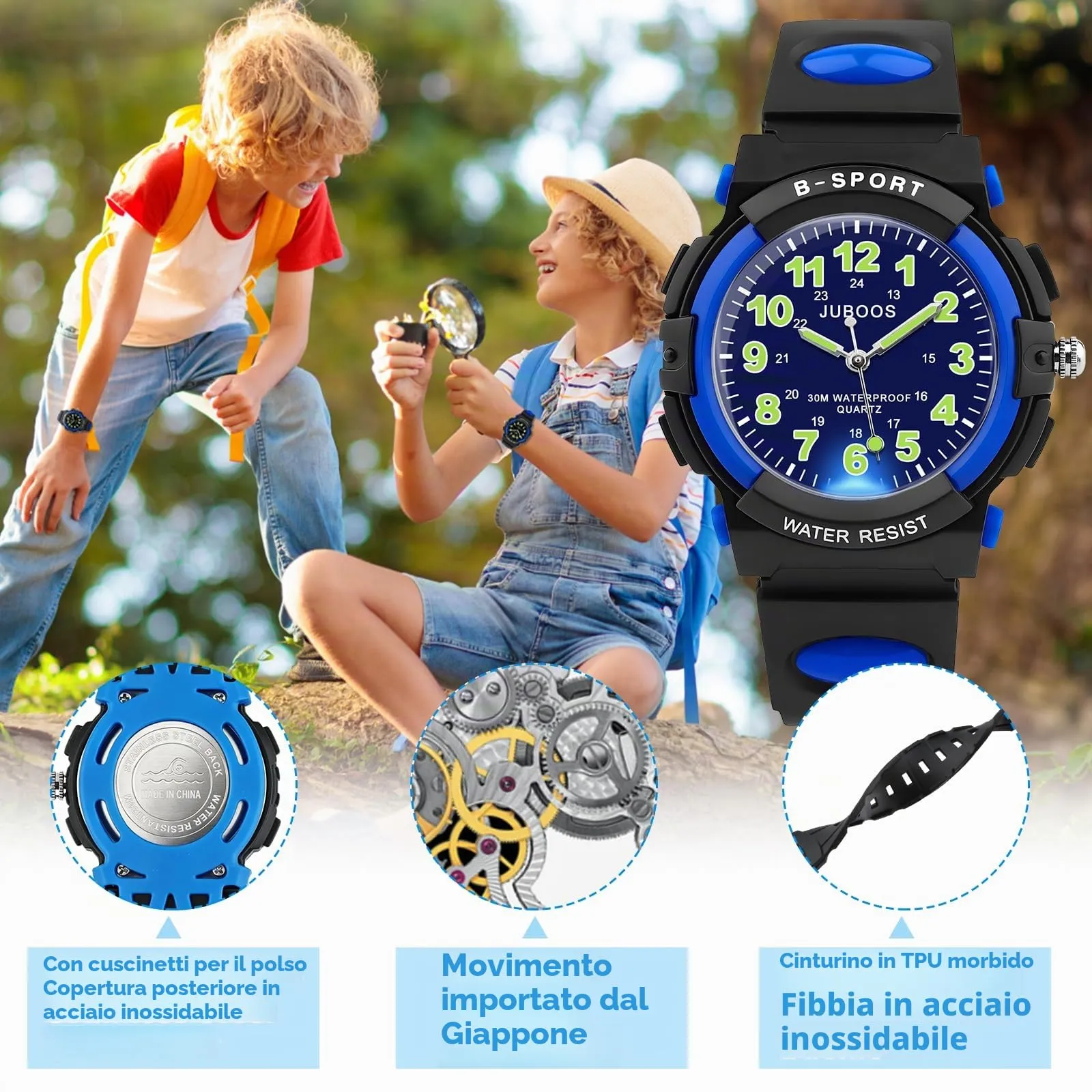 Juboos Orologio Analogico per Bambini con 7 Luci Notturne, Impermeabile, Cinturino Morbido, Quarzo, 5-18 Anni (blu-nero) - immagine 4