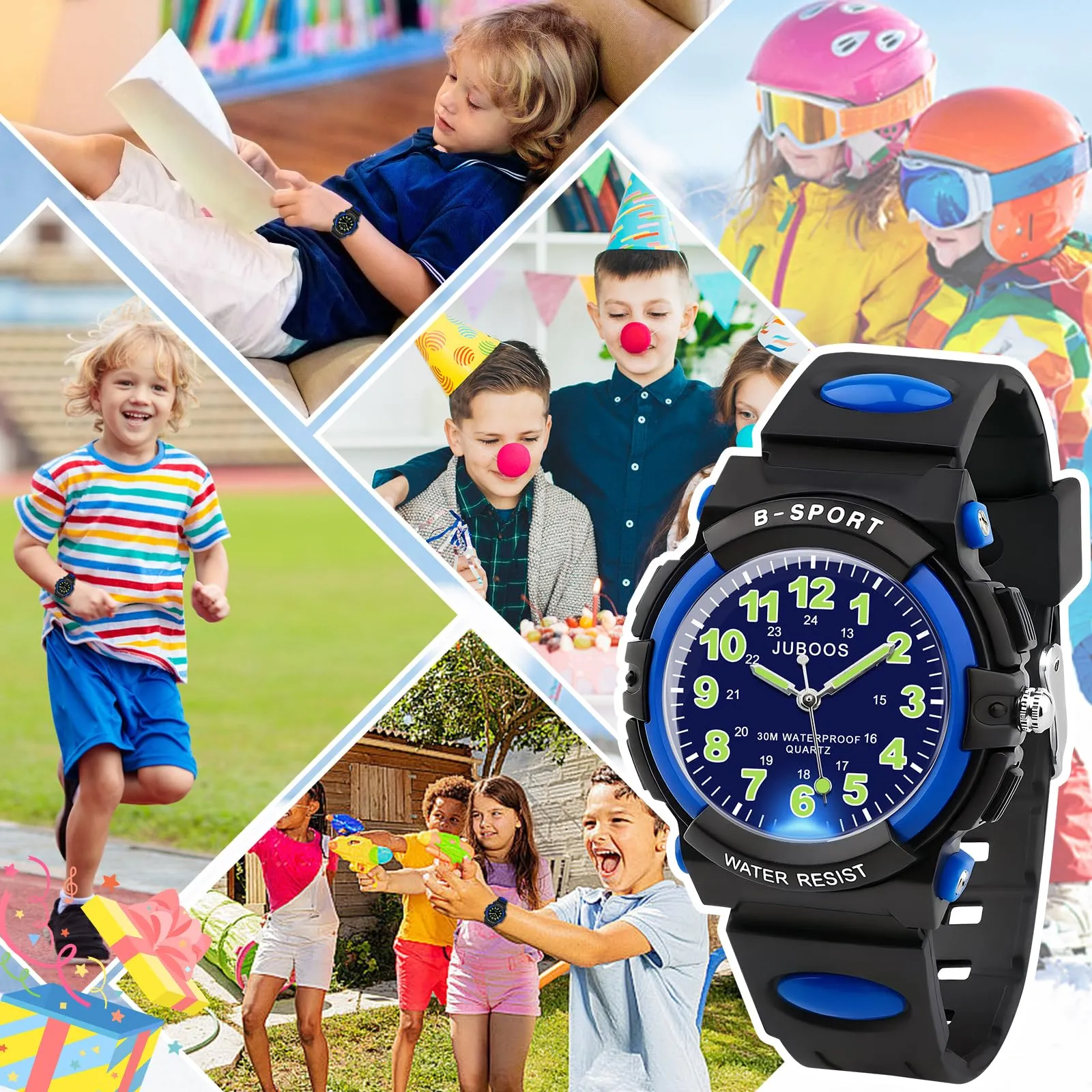 Juboos Orologio Analogico per Bambini con 7 Luci Notturne, Impermeabile, Cinturino Morbido, Quarzo, 5-18 Anni (blu-nero) - immagine 6