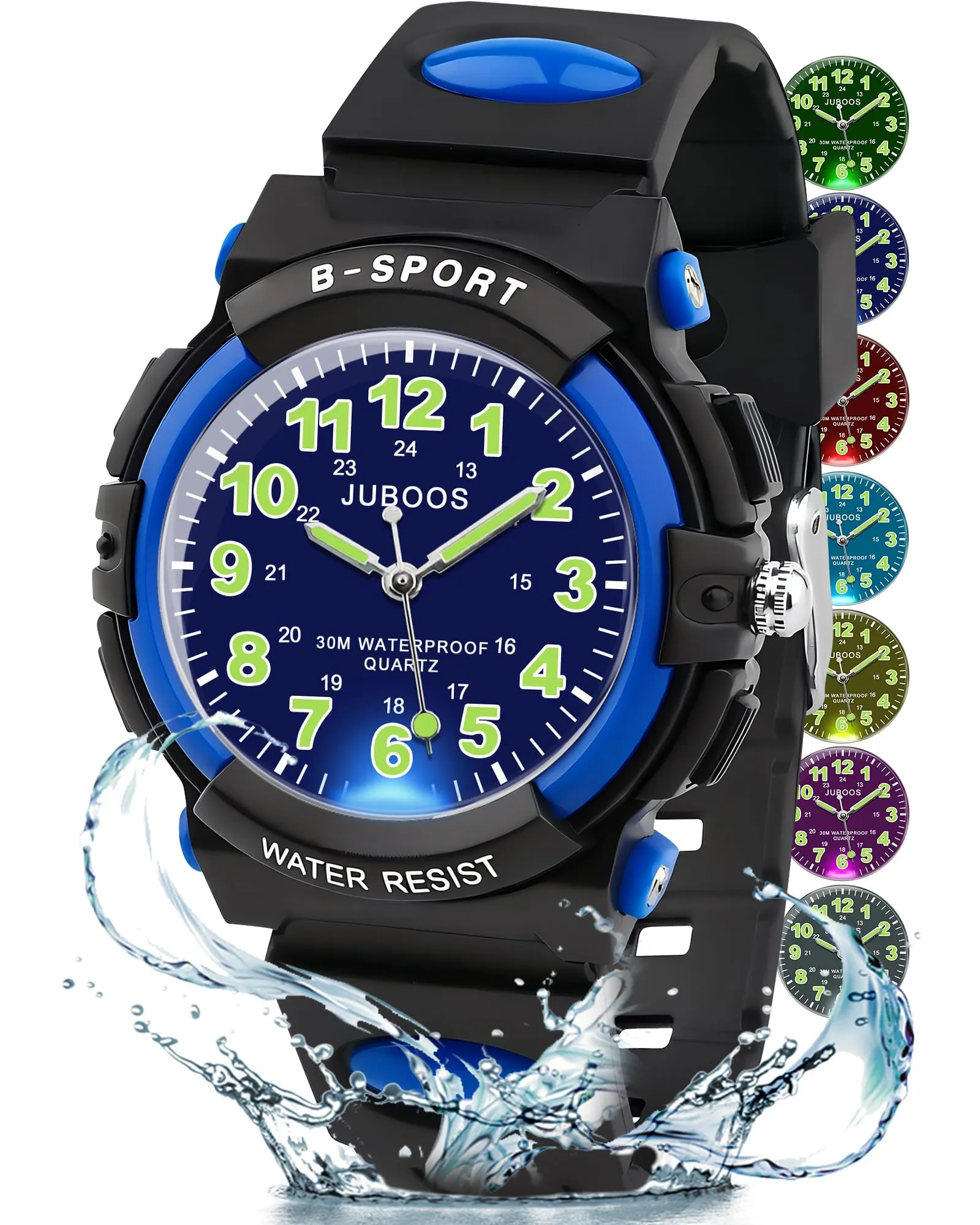 Juboos Orologio Analogico per Bambini con 7 Luci Notturne, Impermeabile, Cinturino Morbido, Quarzo, 5-18 Anni (blu-nero) - immagine 7