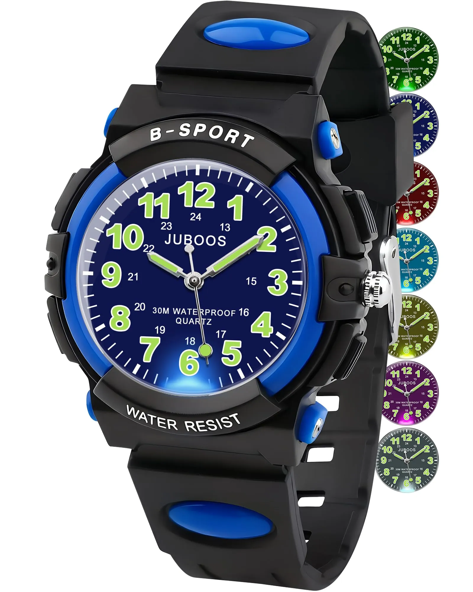 Juboos Orologio Analogico per Bambini con 7 Luci Notturne, Impermeabile, Cinturino Morbido, Quarzo, 5-18 Anni (blu-nero) - immagine 8
