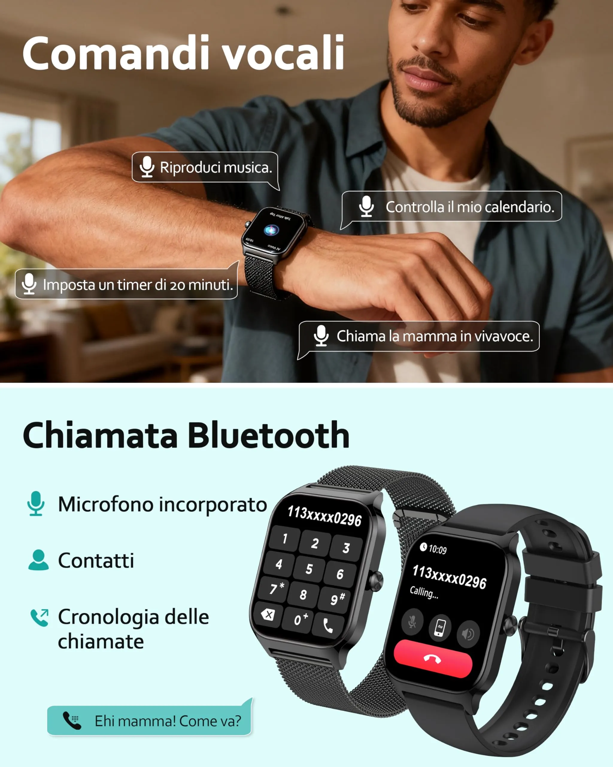 Popglory Smartwatch 1.85", Chiamate Bluetooth, Assistente AI, 100+ Modalità Sportive, Monitoraggio Frequenza Cardiaca, SpO2, Pressione Sanguigna, Sonno e Stress, Android e iOS (2 Cinturini) - immagine 2