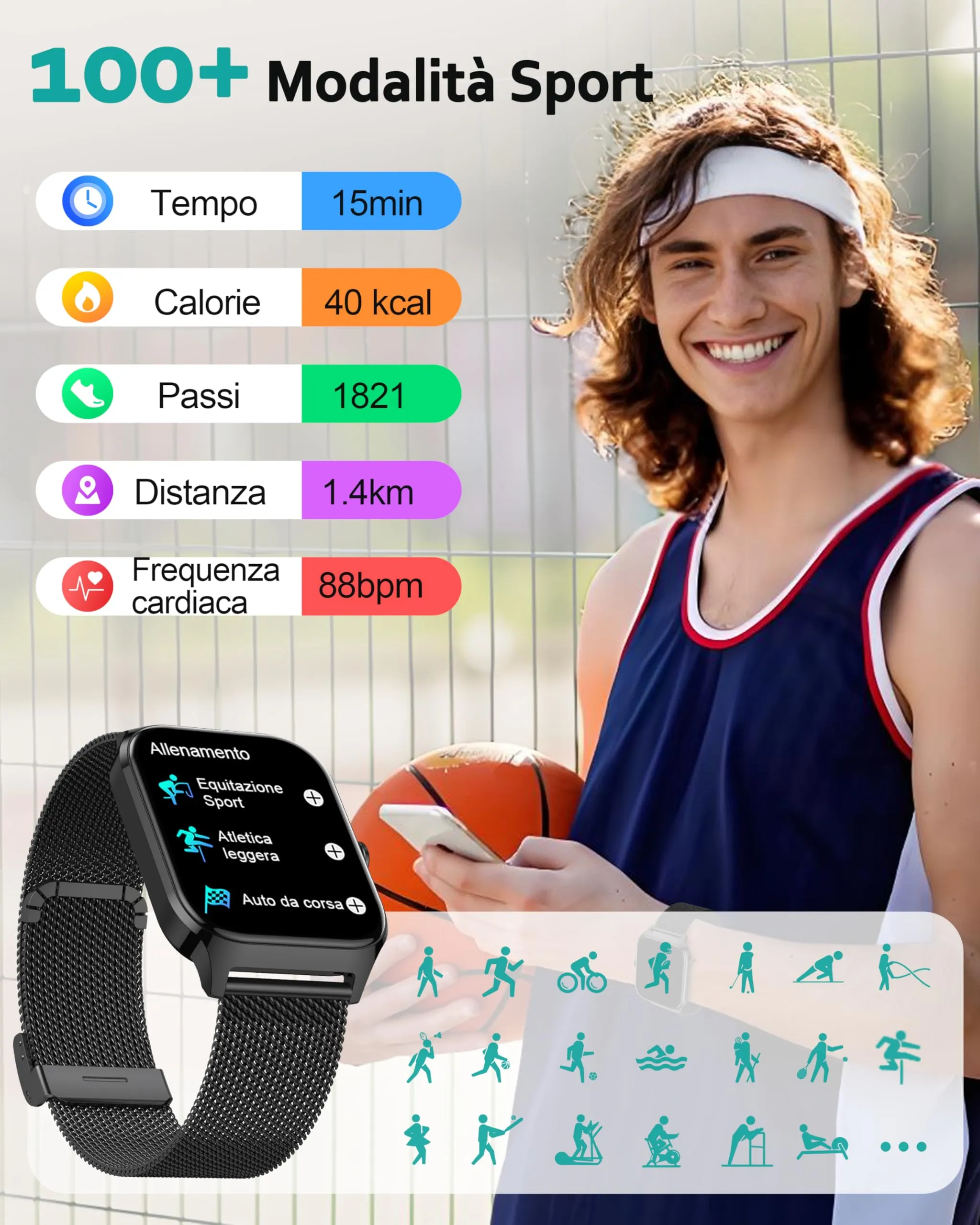 Popglory Smartwatch 1.85", Chiamate Bluetooth, Assistente AI, 100+ Modalità Sportive, Monitoraggio Frequenza Cardiaca, SpO2, Pressione Sanguigna, Sonno e Stress, Android e iOS (2 Cinturini) - immagine 4