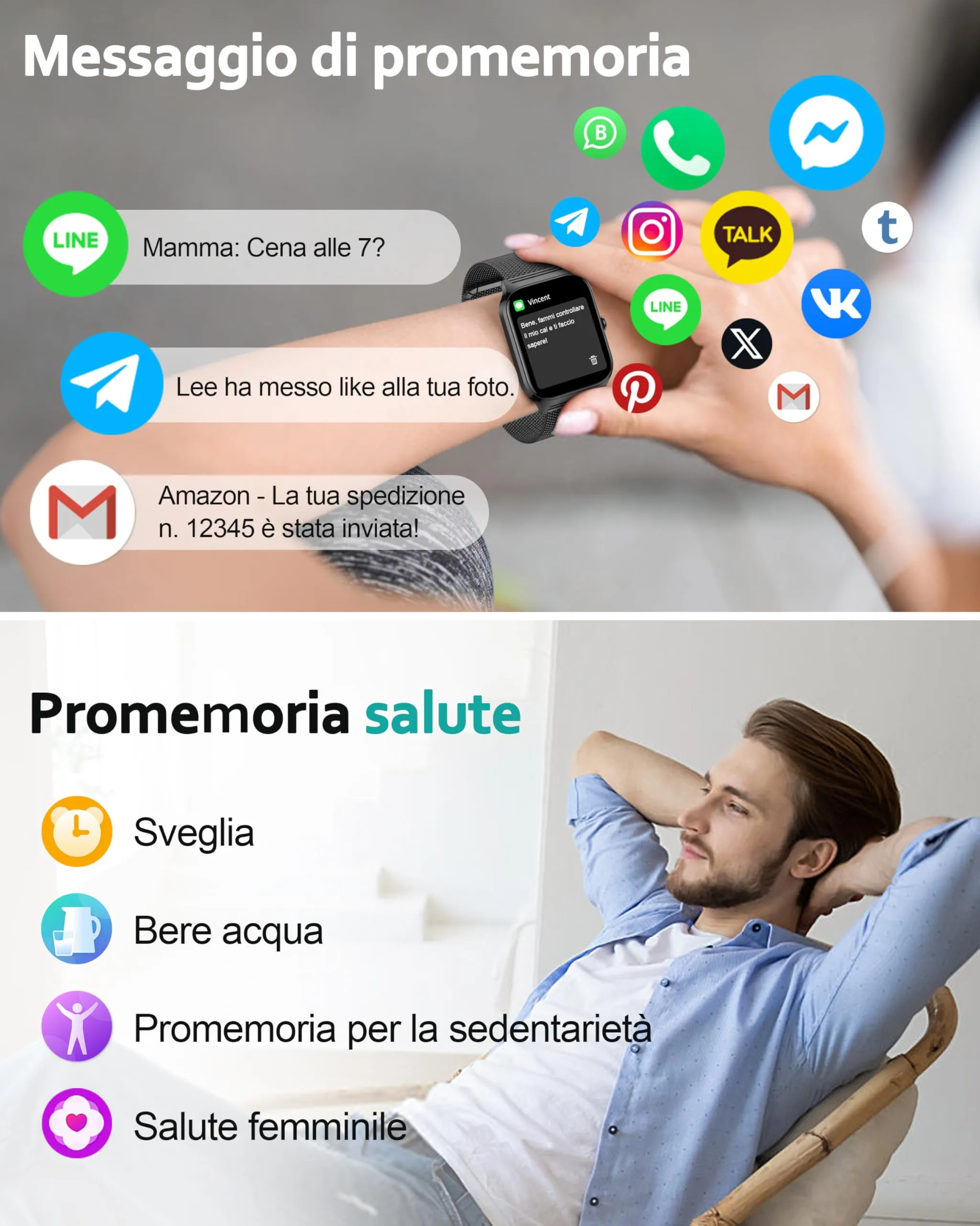 Popglory Smartwatch 1.85", Chiamate Bluetooth, Assistente AI, 100+ Modalità Sportive, Monitoraggio Frequenza Cardiaca, SpO2, Pressione Sanguigna, Sonno e Stress, Android e iOS (2 Cinturini) - immagine 5