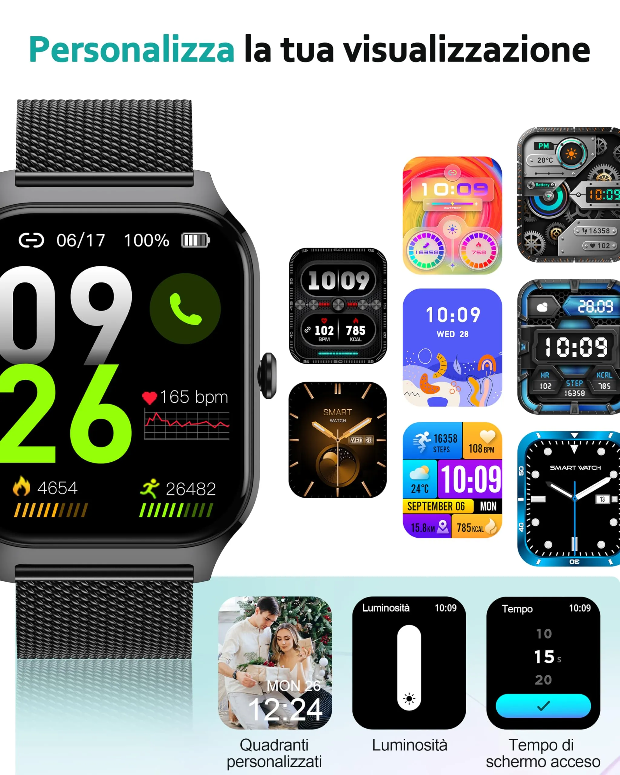 Popglory Smartwatch 1.85", Chiamate Bluetooth, Assistente AI, 100+ Modalità Sportive, Monitoraggio Frequenza Cardiaca, SpO2, Pressione Sanguigna, Sonno e Stress, Android e iOS (2 Cinturini) - immagine 6