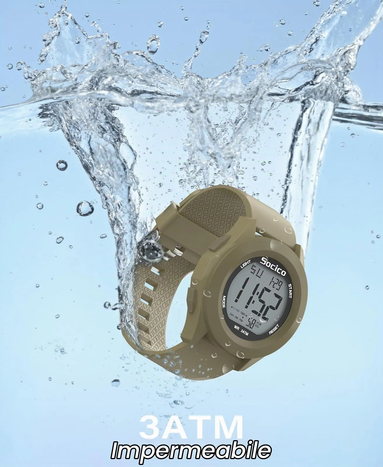 SOCICO Orologio Digitale da Uomo Sportivo Militare Impermeabile con Cronografo, Illuminazione a LED, Sveglia e Data (Cachi) - immagine 2