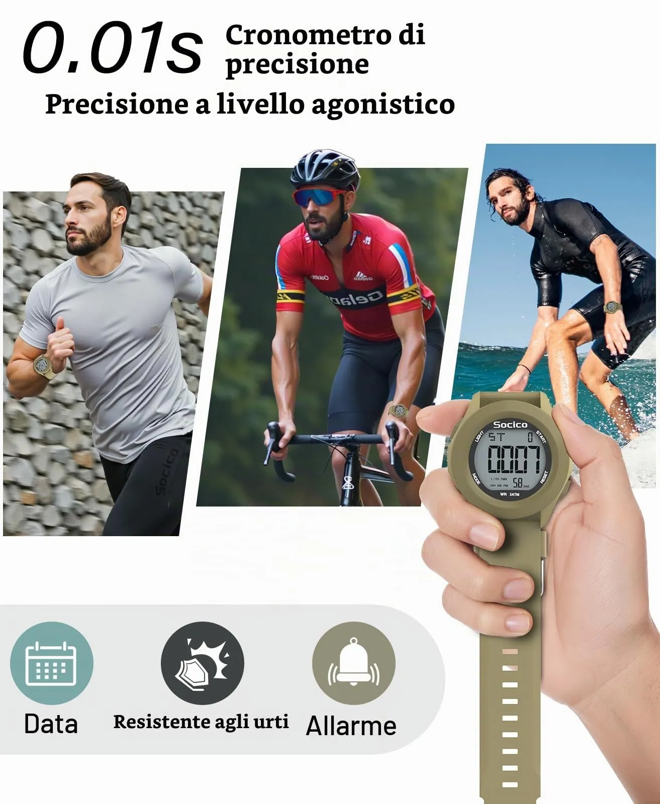 SOCICO Orologio Digitale da Uomo Sportivo Militare Impermeabile con Cronografo, Illuminazione a LED, Sveglia e Data (Cachi) - immagine 3