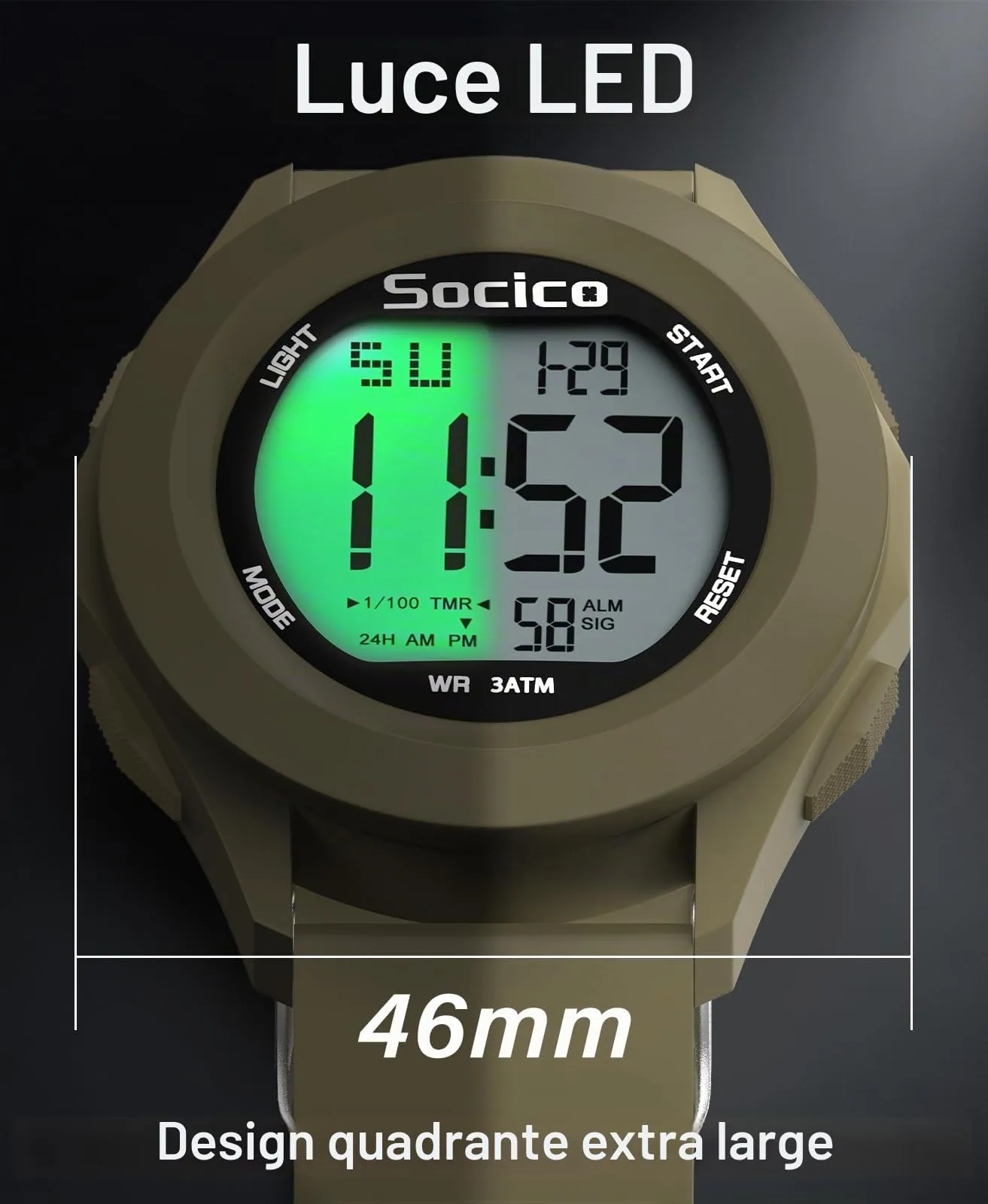 SOCICO Orologio Digitale da Uomo Sportivo Militare Impermeabile con Cronografo, Illuminazione a LED, Sveglia e Data (Cachi) - immagine 4