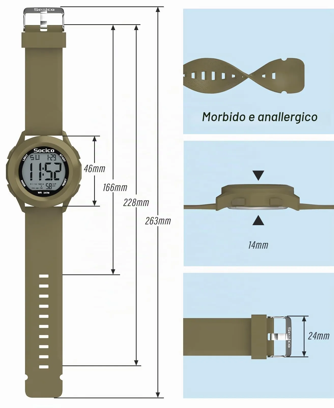 SOCICO Orologio Digitale da Uomo Sportivo Militare Impermeabile con Cronografo, Illuminazione a LED, Sveglia e Data (Cachi) - immagine 5