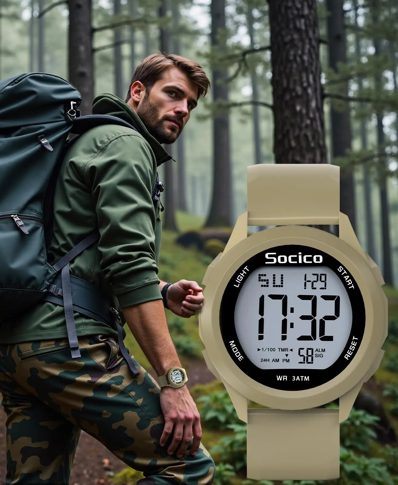 SOCICO Orologio Digitale da Uomo Sportivo Militare Impermeabile con Cronografo, Illuminazione a LED, Sveglia e Data (Cachi) - immagine 6