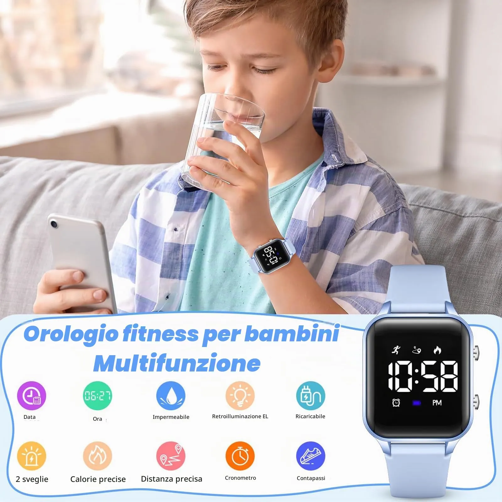 Timever Orologio Digitale per Bambini L6615E-LB con Contapassi, Sveglia e Cronometro - immagine 4