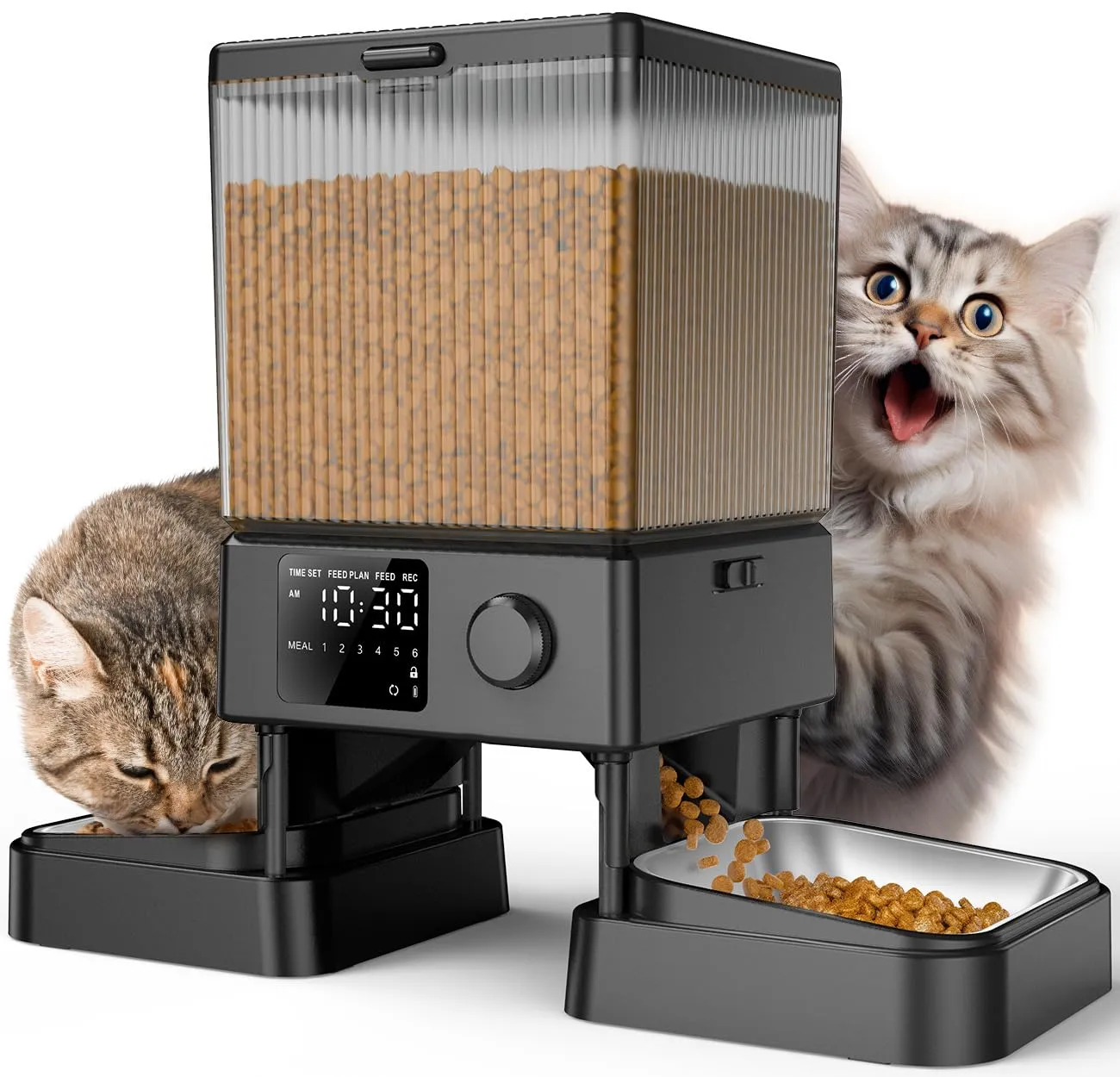 oneisall Distributore Automatico di Cibo per Gatti e Cani 5L, 2 Ciotole in Acciaio Inox con Registratore Vocale - immagine 1