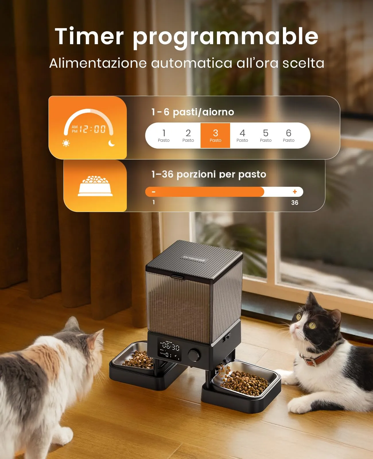 oneisall Distributore Automatico di Cibo per Gatti e Cani 5L, 2 Ciotole in Acciaio Inox con Registratore Vocale - immagine 6