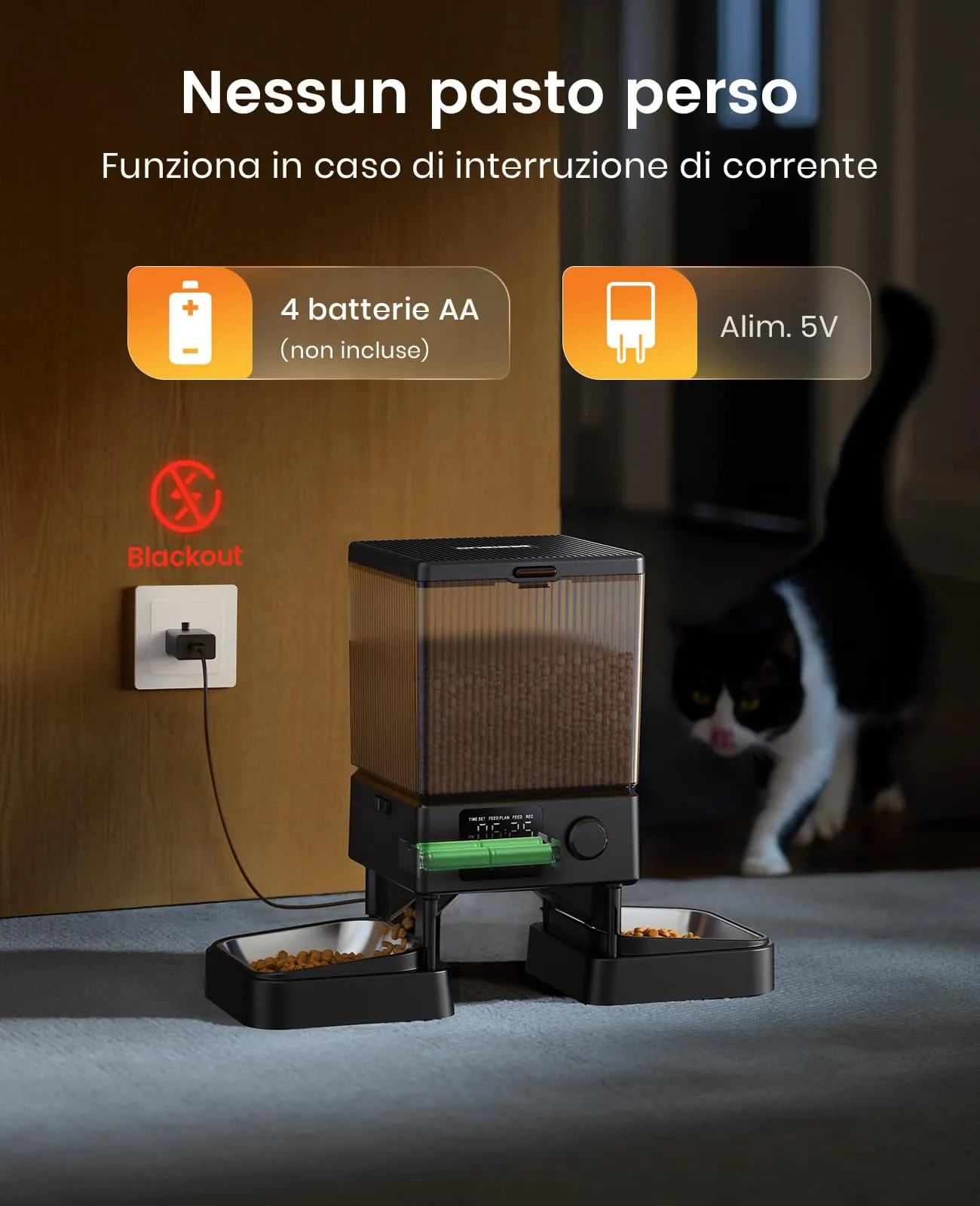 oneisall Distributore Automatico di Cibo per Gatti e Cani 5L, 2 Ciotole in Acciaio Inox con Registratore Vocale - immagine 7