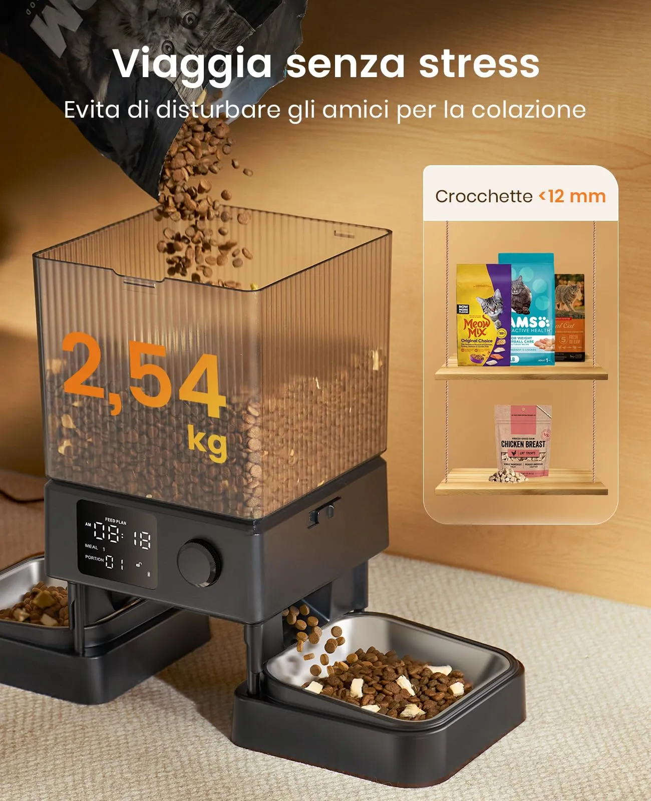oneisall Distributore Automatico di Cibo per Gatti e Cani 5L, 2 Ciotole in Acciaio Inox con Registratore Vocale - immagine 8