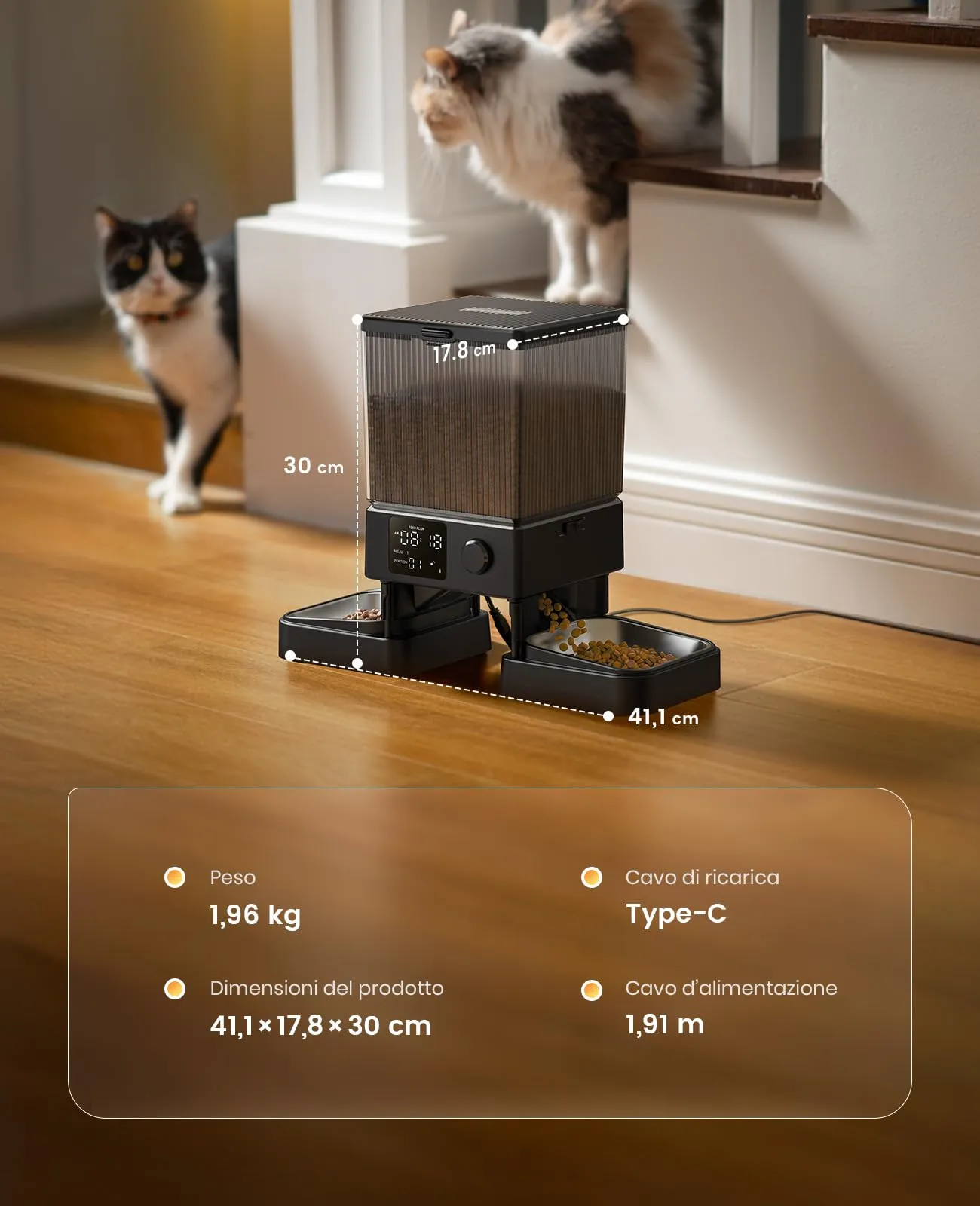 oneisall Distributore Automatico di Cibo per Gatti e Cani 5L, 2 Ciotole in Acciaio Inox con Registratore Vocale - immagine 9