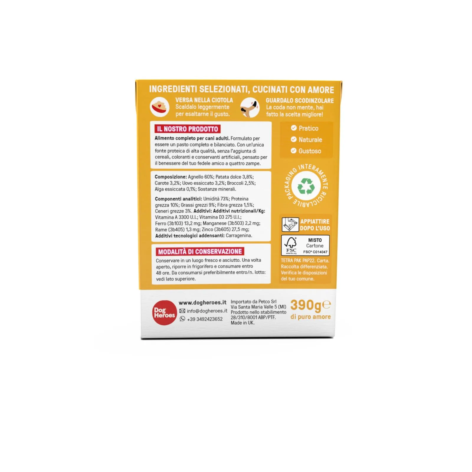 Dog Heroes Cibo Umido per Cani Agnello (60%) 24x390g - immagine 4