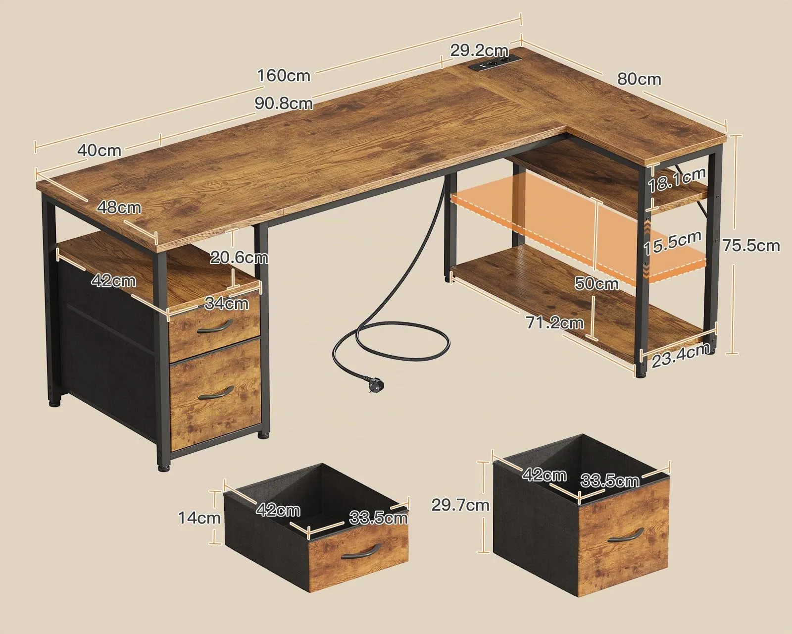 Coleshome Scrivania Angolare con USB e Presa, 160x80cm - immagine 3