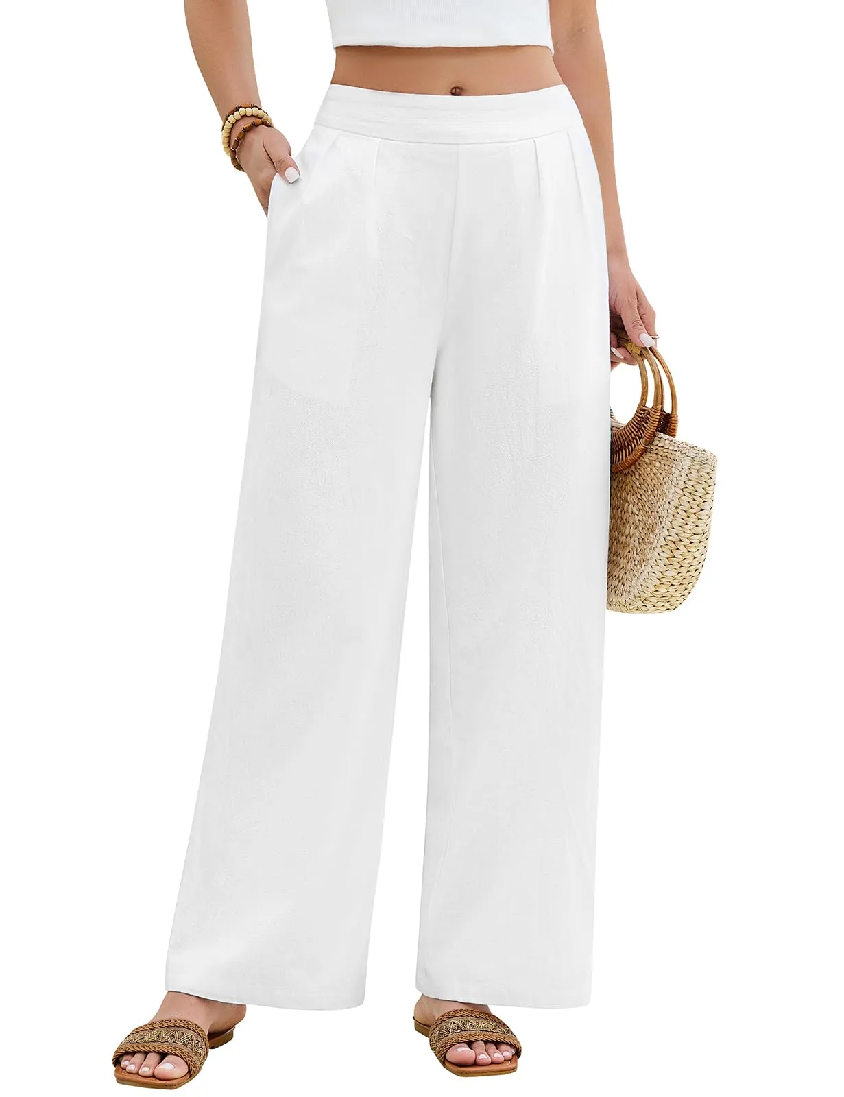 PASUDA Pantaloni Donna Estivi in Cotone, Larghi e Leggeri con Vita Elastica e Tasche, Bianco, M - immagine 1
