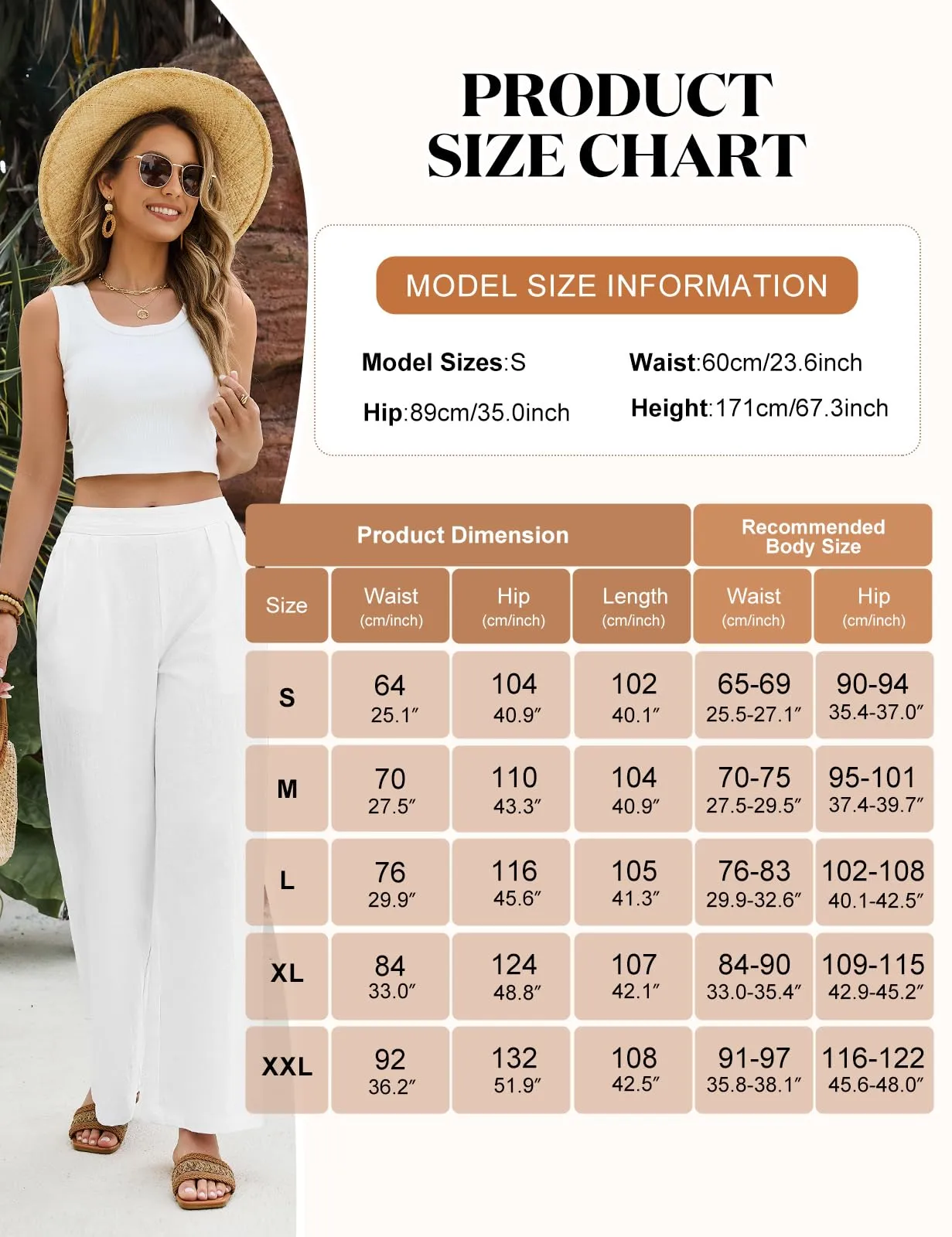PASUDA Pantaloni Donna Estivi in Cotone, Larghi e Leggeri con Vita Elastica e Tasche, Bianco, M - immagine 4