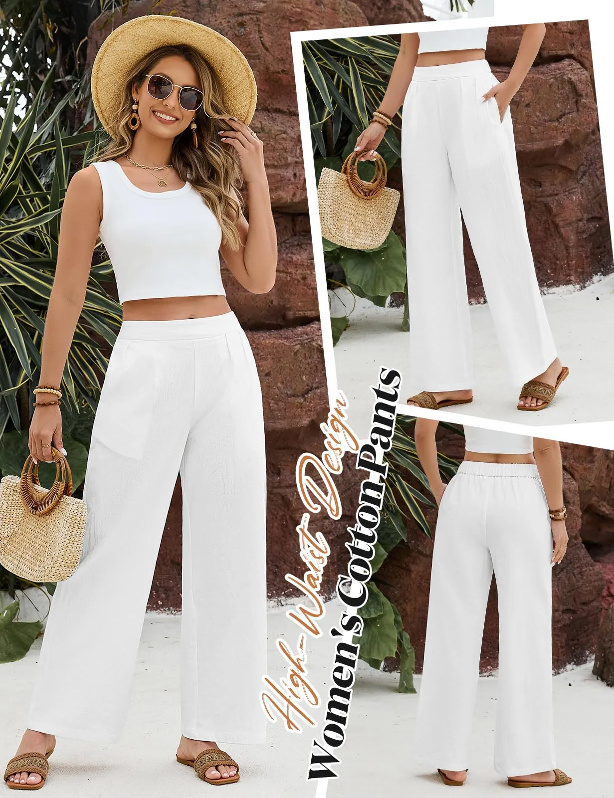 PASUDA Pantaloni Donna Estivi in Cotone, Larghi e Leggeri con Vita Elastica e Tasche, Bianco, M - immagine 6