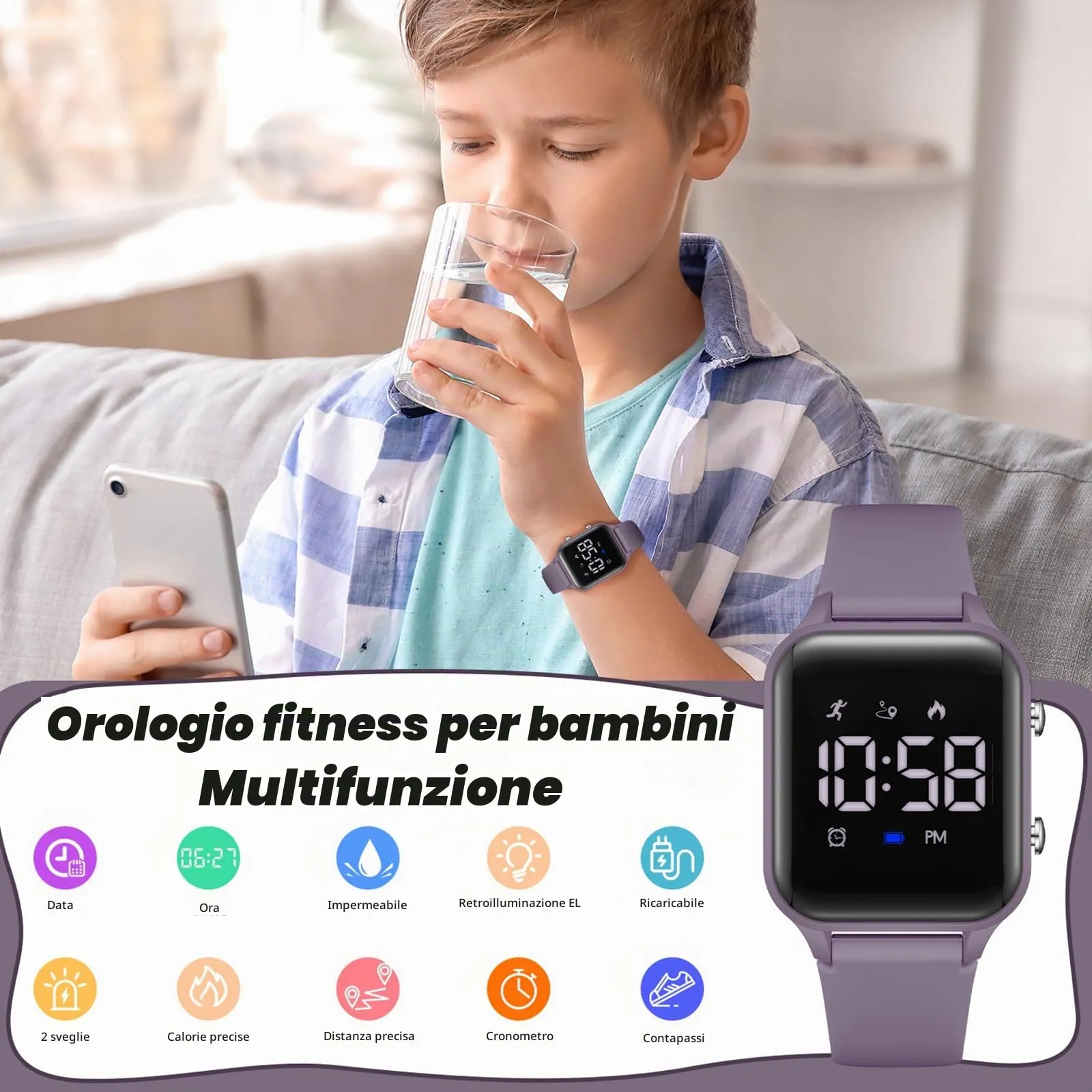 Timever Orologio Digitale per Bambini con Contapassi, Sveglia, Cronometro, Luce e Data - Cinturino in Silicone - immagine 4