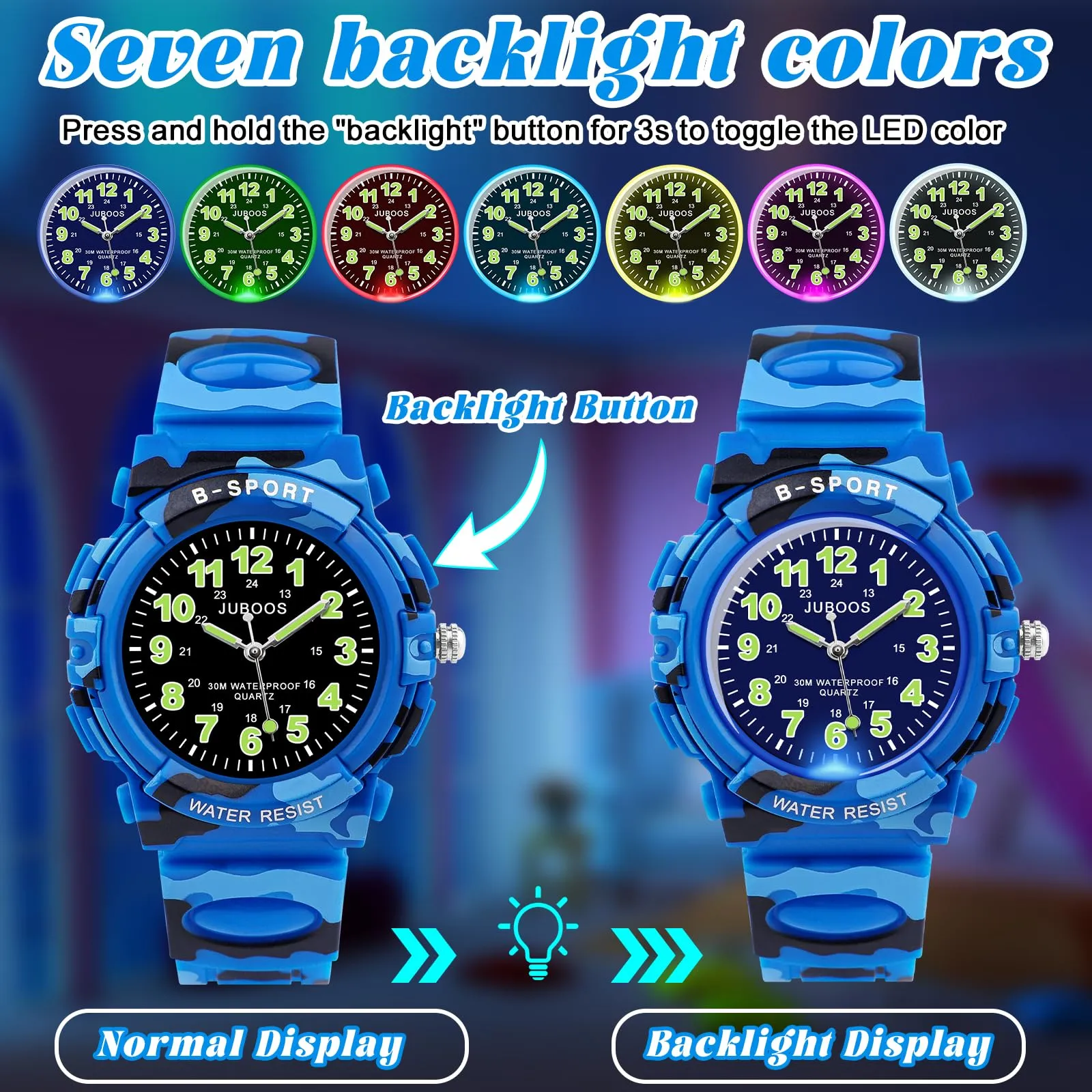 Juboos Analogische Kinderarmbanduhr mit 7 Farbigen Nachtlichtern, Wasserdicht, Quarz-Armbanduhr für Jungen und Mädchen 5-18 Jahre - immagine 2
