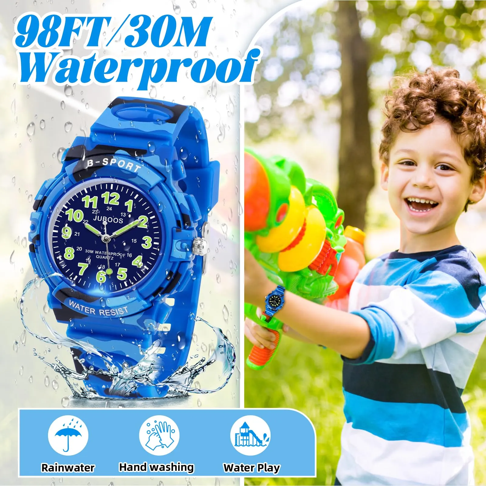 Juboos Analogische Kinderarmbanduhr mit 7 Farbigen Nachtlichtern, Wasserdicht, Quarz-Armbanduhr für Jungen und Mädchen 5-18 Jahre - immagine 3