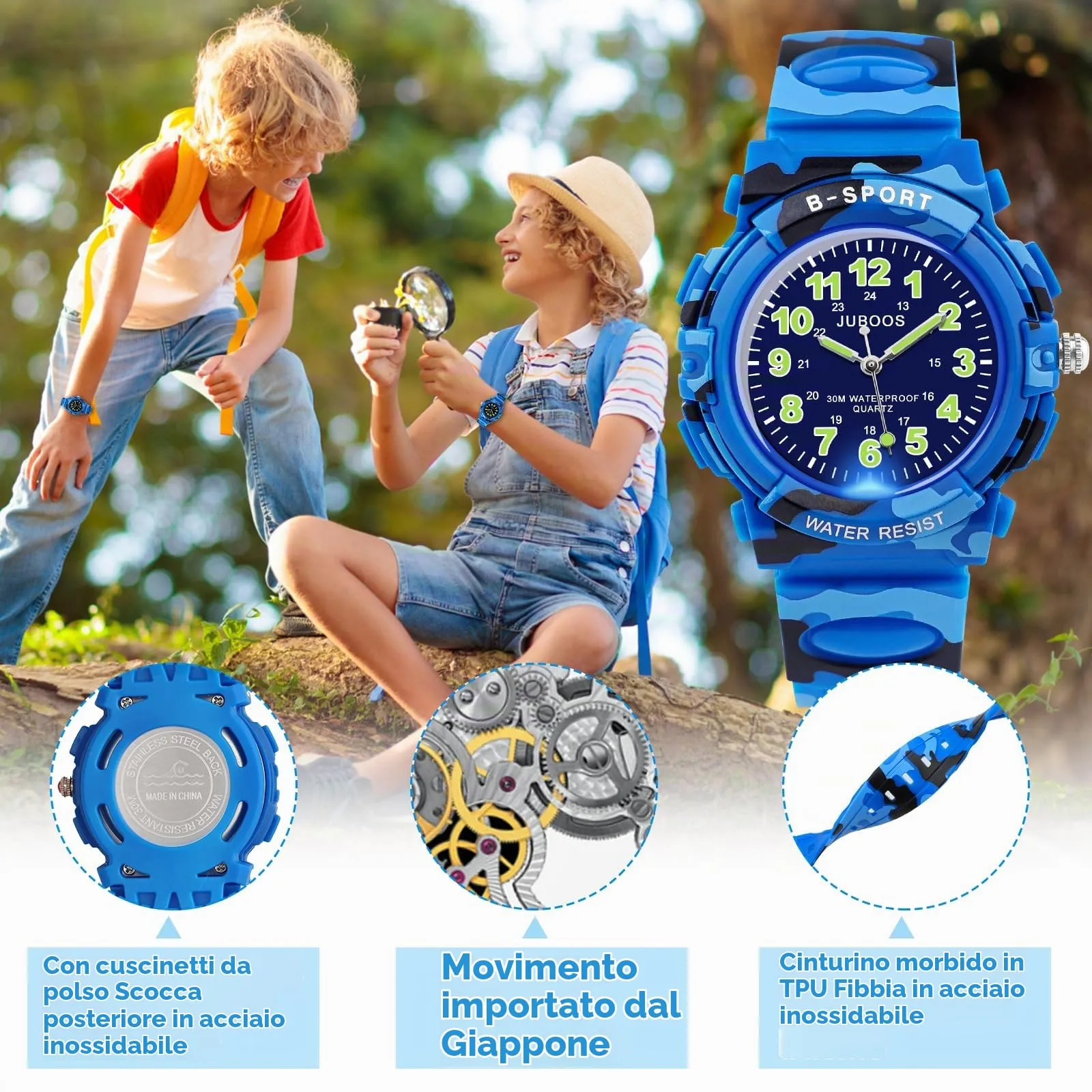 Juboos Analogische Kinderarmbanduhr mit 7 Farbigen Nachtlichtern, Wasserdicht, Quarz-Armbanduhr für Jungen und Mädchen 5-18 Jahre - immagine 4