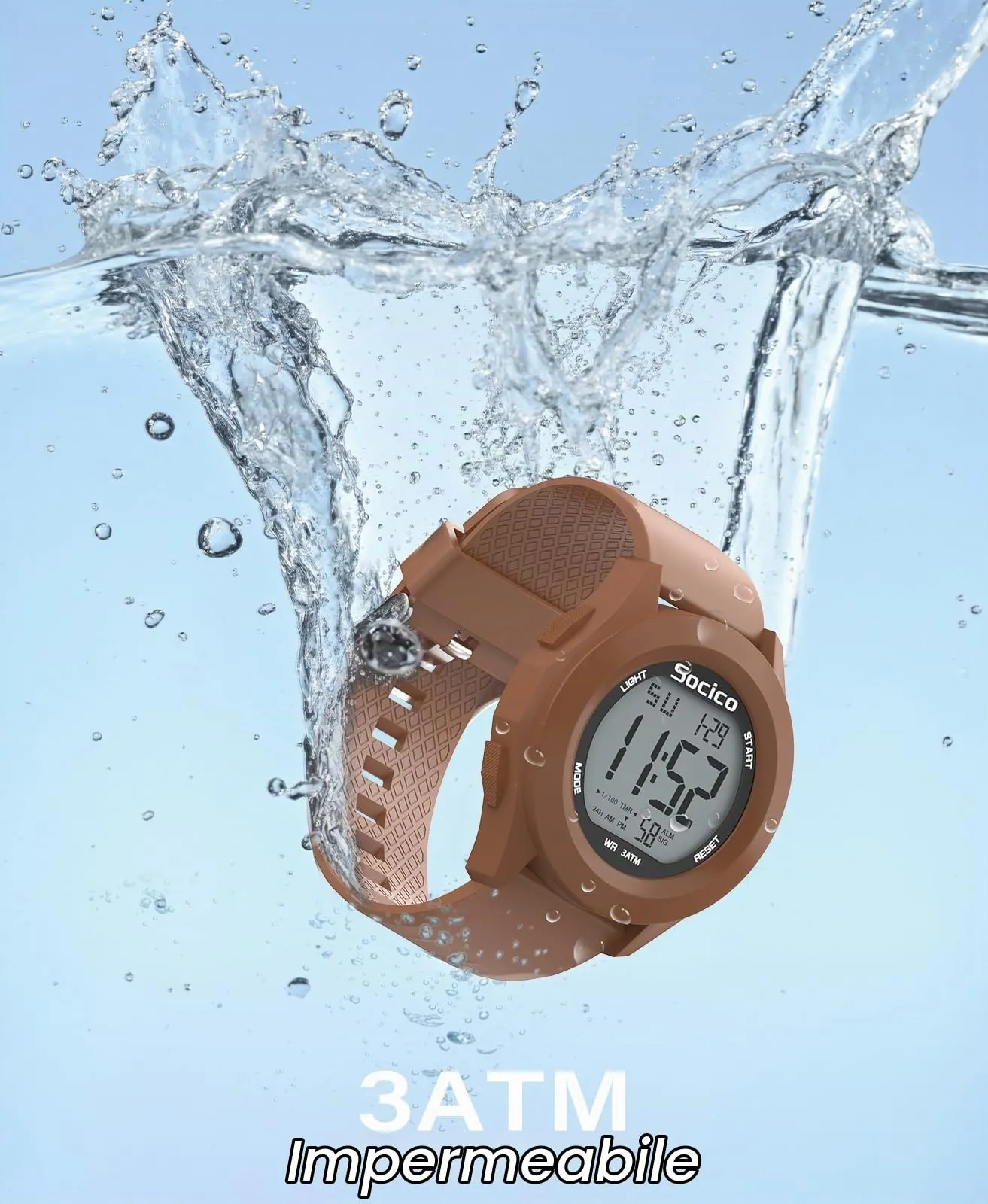 SOCICO Orologio Digitale Sportivo Militare Impermeabile con Cronografo, Illuminazione LED, Sveglia e Data (Marrone) - immagine 2