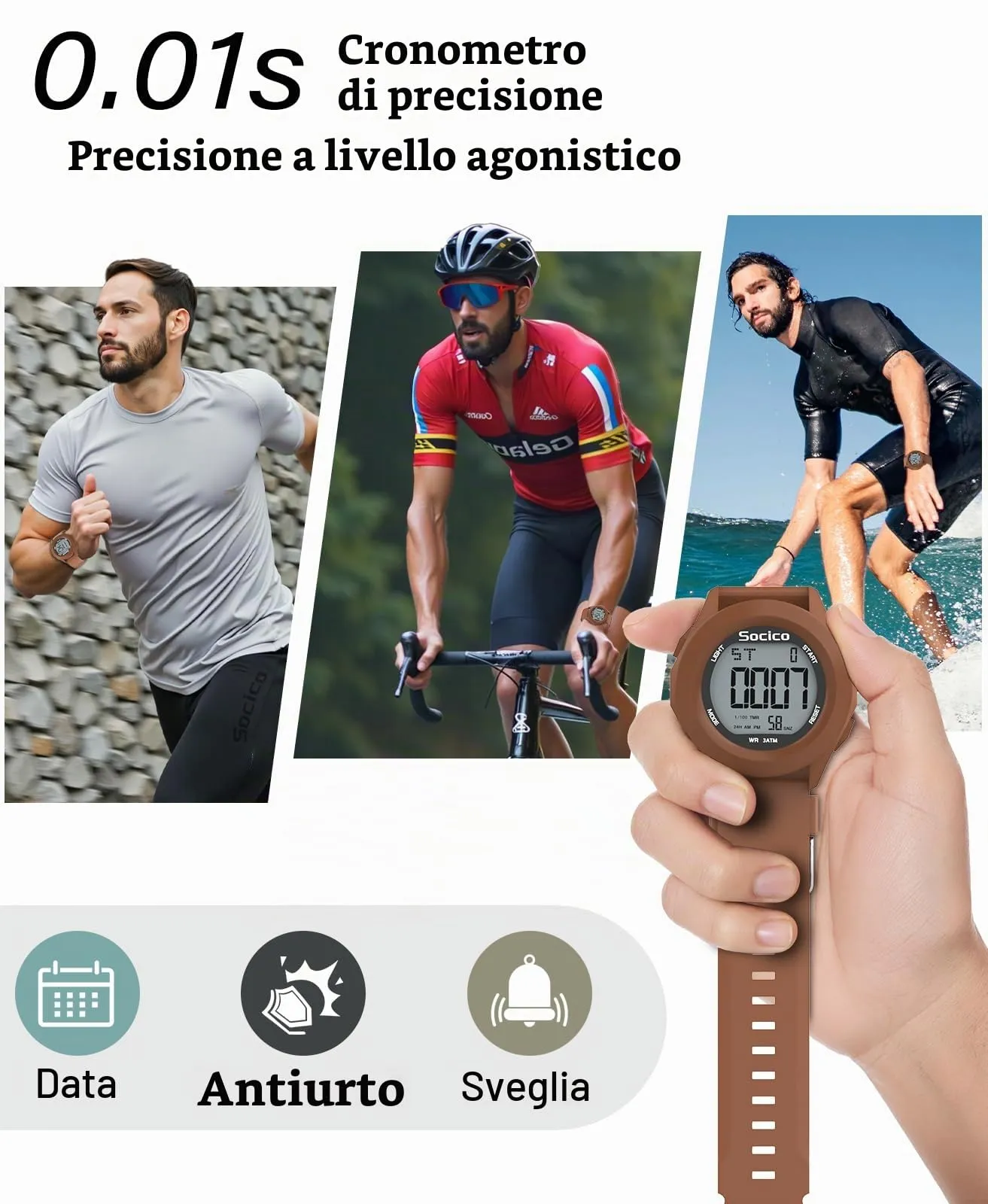 SOCICO Orologio Digitale Sportivo Militare Impermeabile con Cronografo, Illuminazione LED, Sveglia e Data (Marrone) - immagine 3