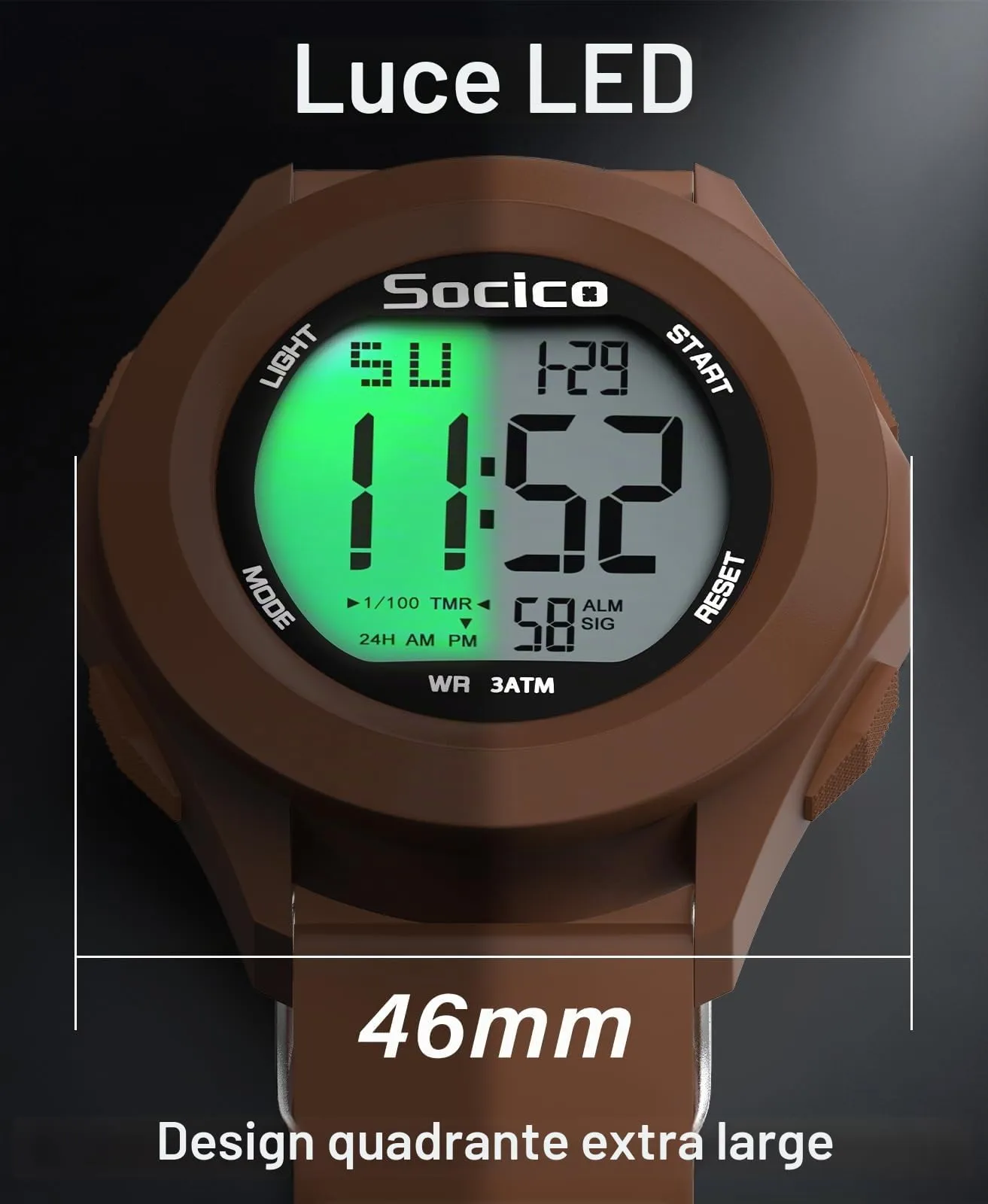 SOCICO Orologio Digitale Sportivo Militare Impermeabile con Cronografo, Illuminazione LED, Sveglia e Data (Marrone) - immagine 4