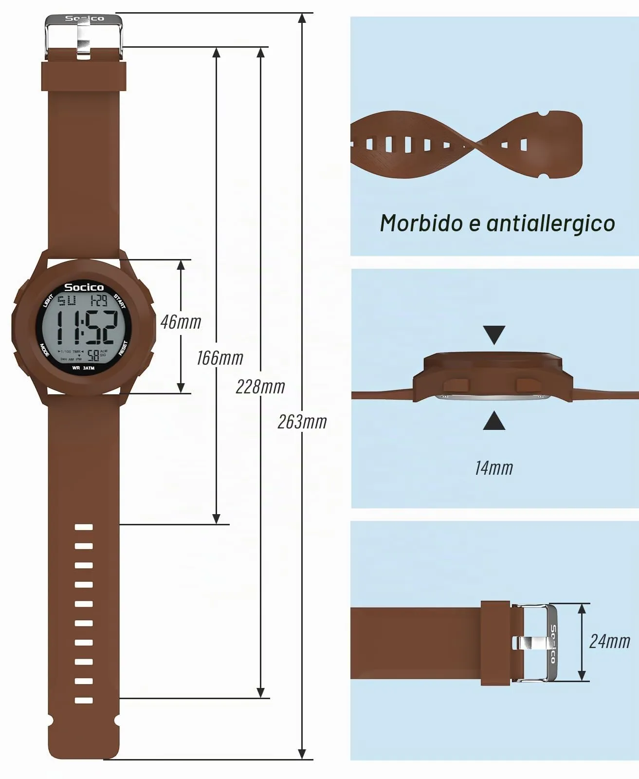 SOCICO Orologio Digitale Sportivo Militare Impermeabile con Cronografo, Illuminazione LED, Sveglia e Data (Marrone) - immagine 5