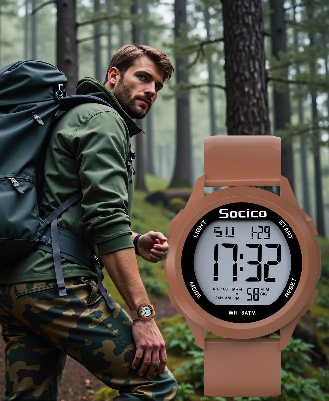 SOCICO Orologio Digitale Sportivo Militare Impermeabile con Cronografo, Illuminazione LED, Sveglia e Data (Marrone) - immagine 6