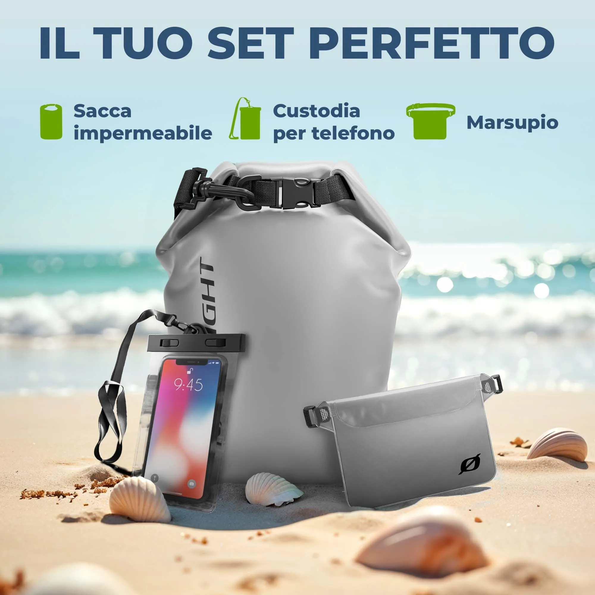 Nordlight Dry Bag Set con Custodia per Cellulare e Marsupio (10L, Grigio) - immagine 2