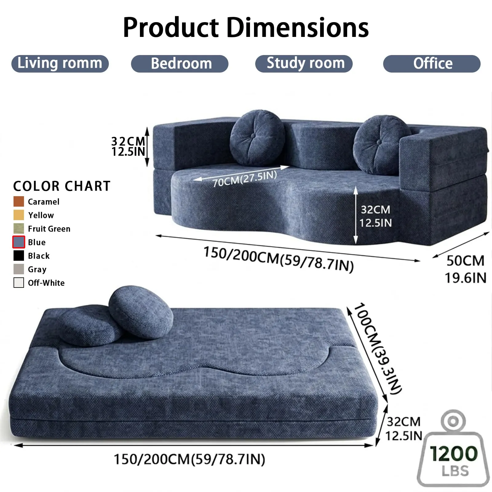 NOYHHAV Divano Letto Convertibile in Memory Foam, Fodera Sfoderabile e Lavabile, Blu, 200x100cm - immagine 3